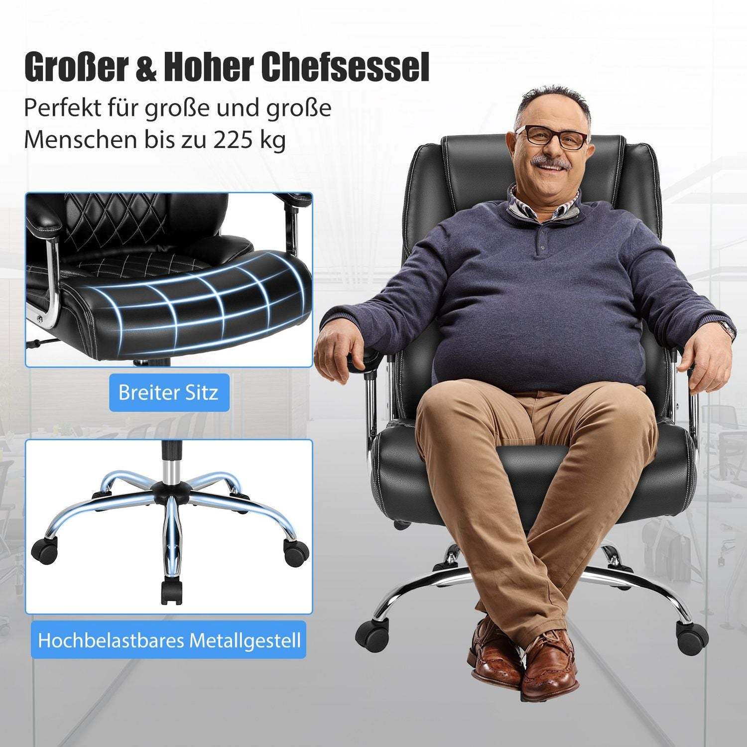 Un hombre sentado en una silla de oficina negra. La silla tiene un asiento ancho y una base de metal. Texto en alemán promociona la silla para personas grandes.
