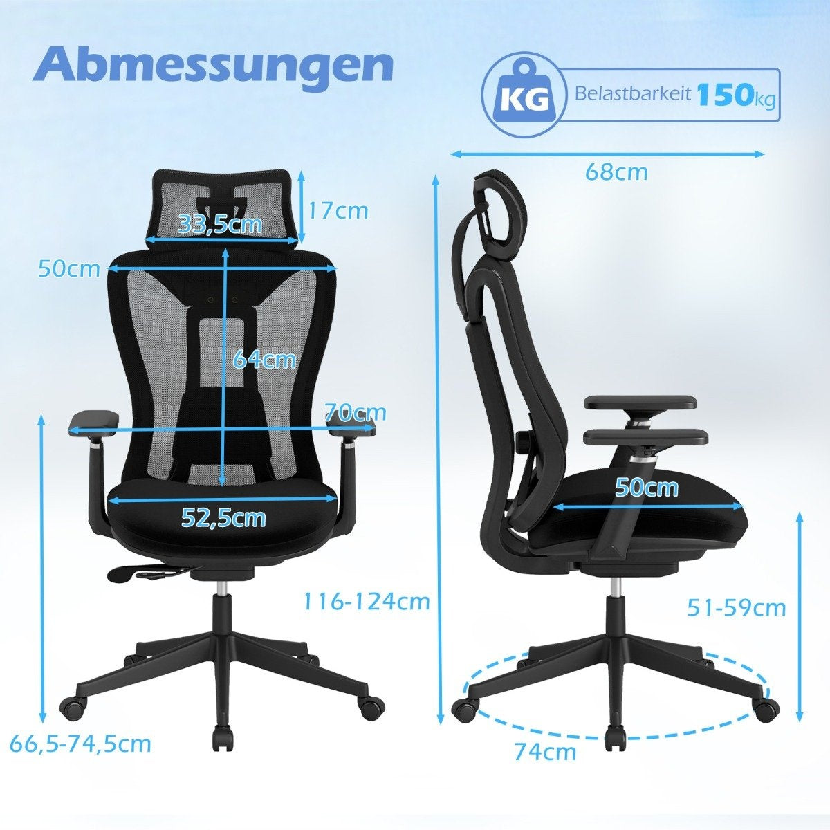 Silla de oficina negra con dimensiones etiquetadas. Características: reposacabezas, reposabrazos y base de cinco estrellas con ruedas. Peso máx. 150 kg.
