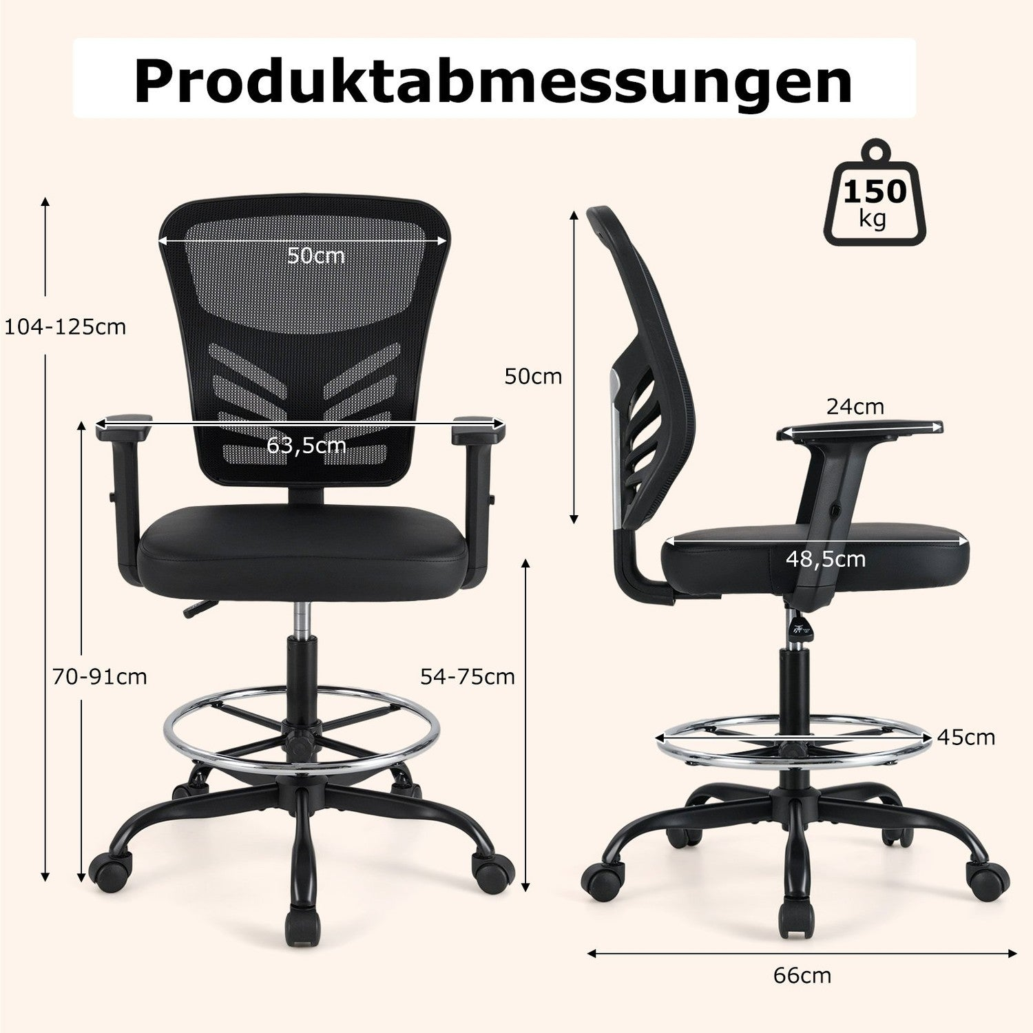 Una silla de oficina negra con medidas. Tiene respaldo de malla, apoyabrazos y reposapiés cromado. Las dimensiones se muestran con flechas.