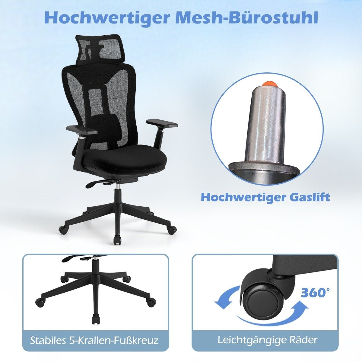 Silla de oficina negra de malla con reposacabezas y reposabrazos. Características: base de 5 estrellas, ruedas suaves y mecanismo de elevación de gas.