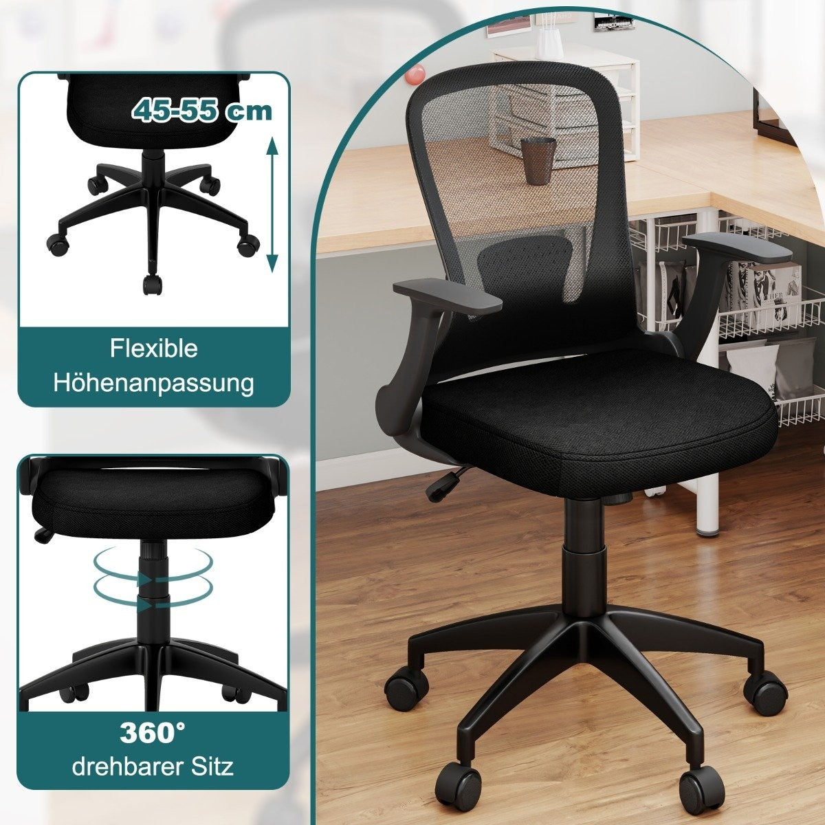 Una silla de oficina negra con ruedas. Tiene respaldo de malla y reposabrazos ajustables. Un diagrama muestra las funciones de altura y giro.