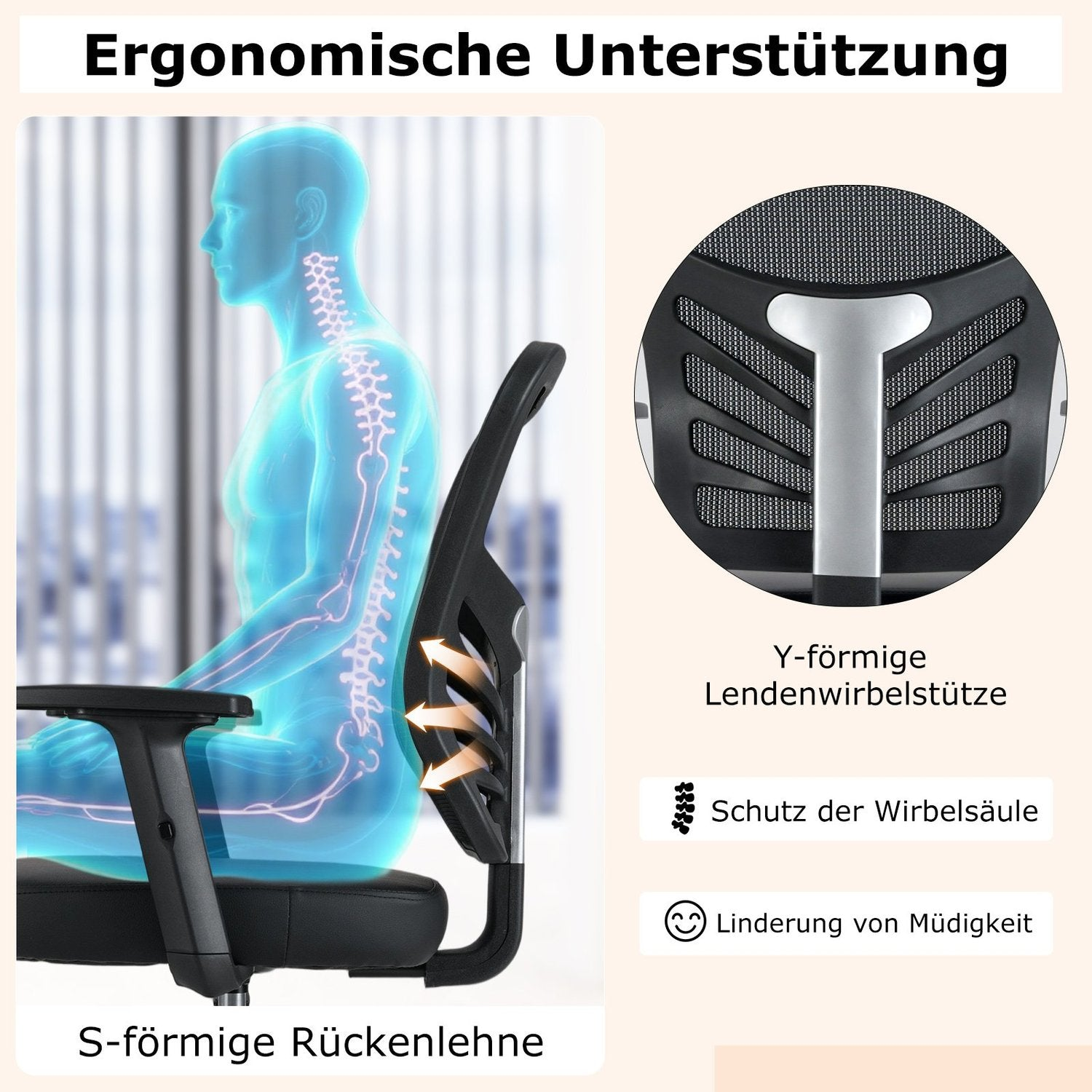 Una imagen muestra una silla ergonómica con una superposición de forma humana. Destaca el soporte lumbar, etiquetado como en forma de S y en forma de Y.