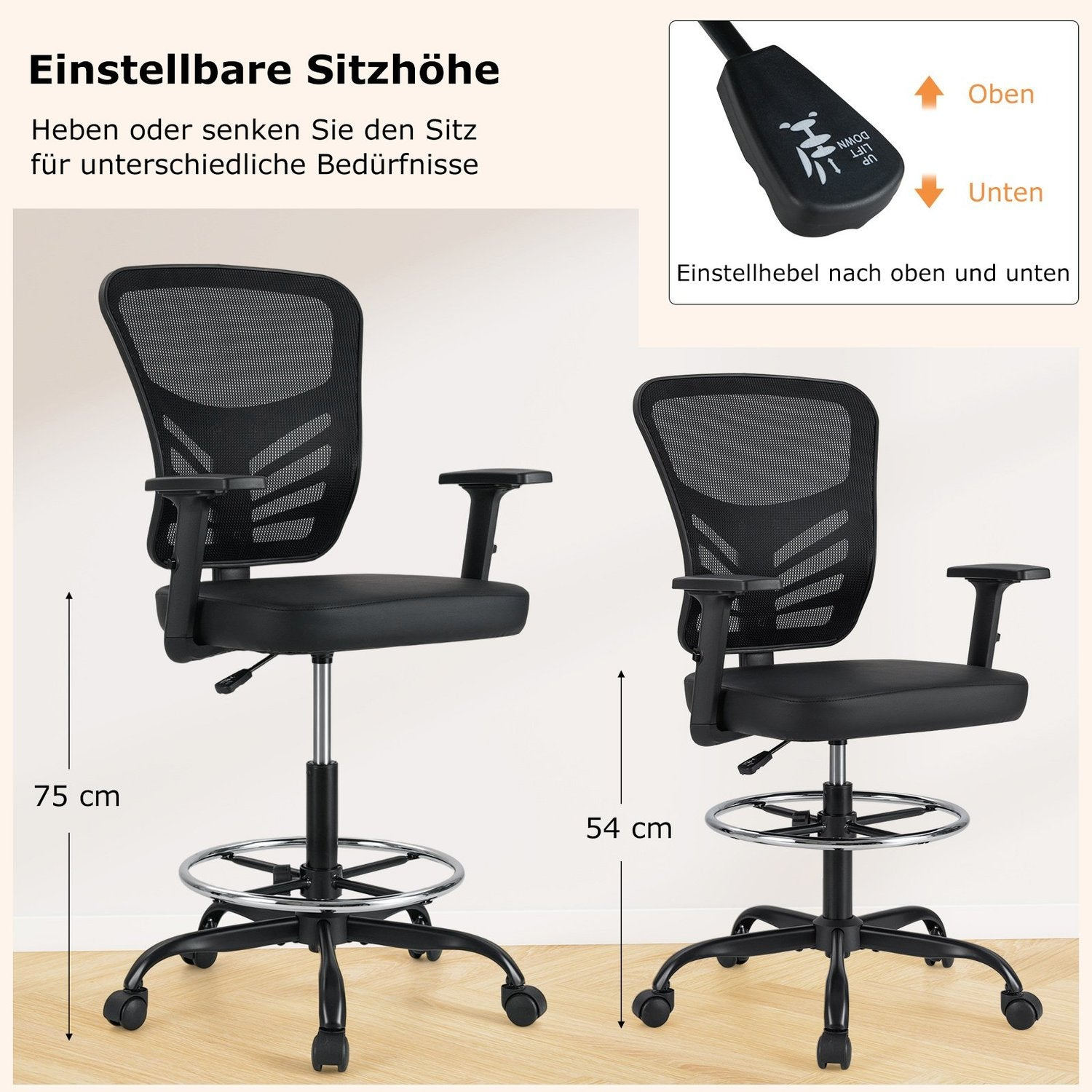 Dos sillas de oficina negras con altura ajustable. Una silla mide 75 cm, la otra 54 cm. Una ilustración de palanca muestra la dirección arriba y abajo.