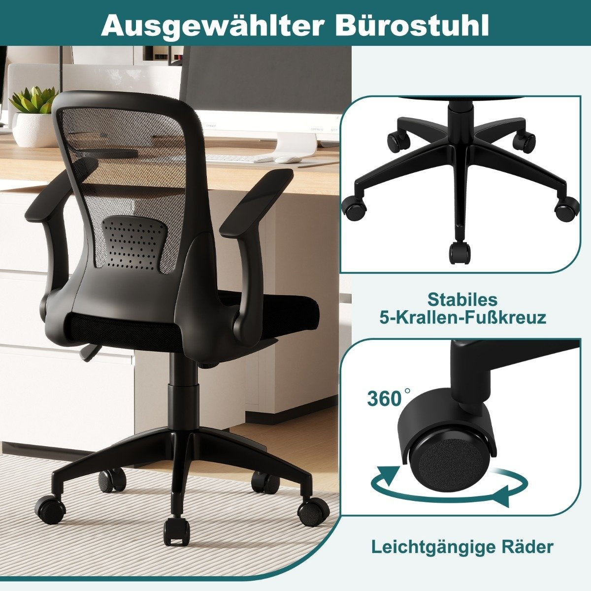 Silla de oficina negra con respaldo de malla, reposabrazos y base de cinco estrellas con ruedas. Imágenes detalladas muestran la base y las ruedas.