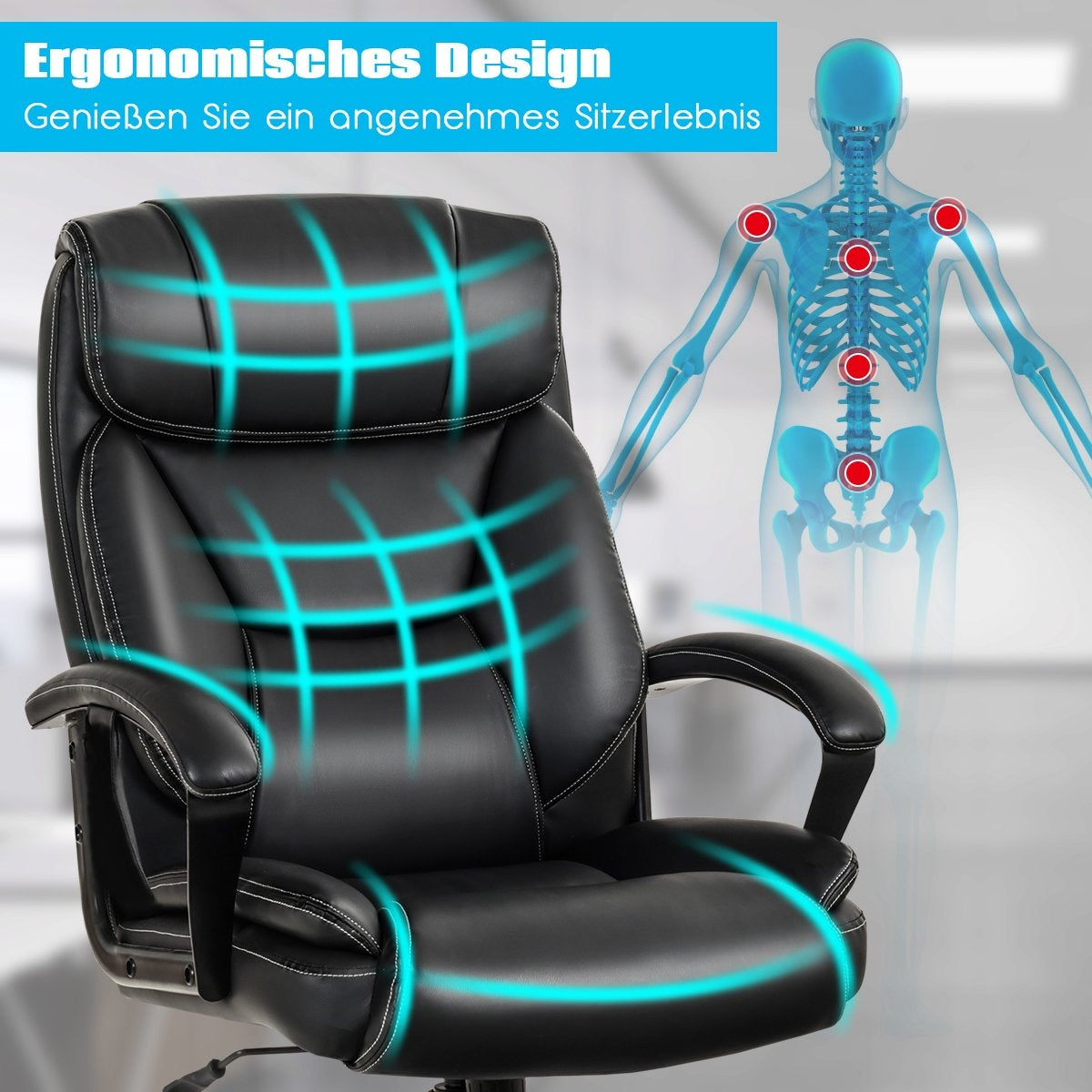 Silla de oficina ergonómica negra con costuras blancas, líneas azules que muestran comodidad y un diagrama del cuerpo humano.