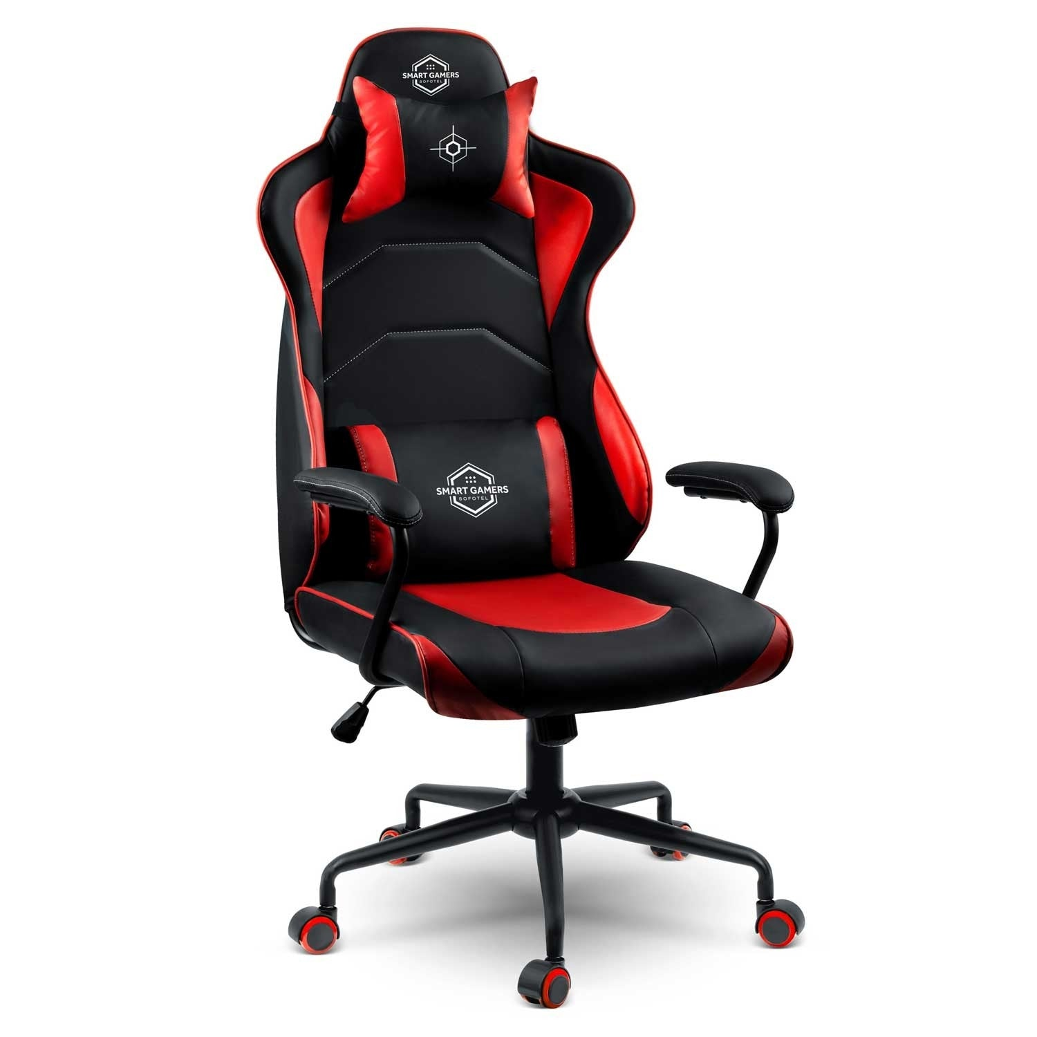 Silla gaming. Negro y rojo. Respaldo alto con reposacabezas y soporte lumbar. Reposabrazos y ruedas. Logotipo Smart Gamers.