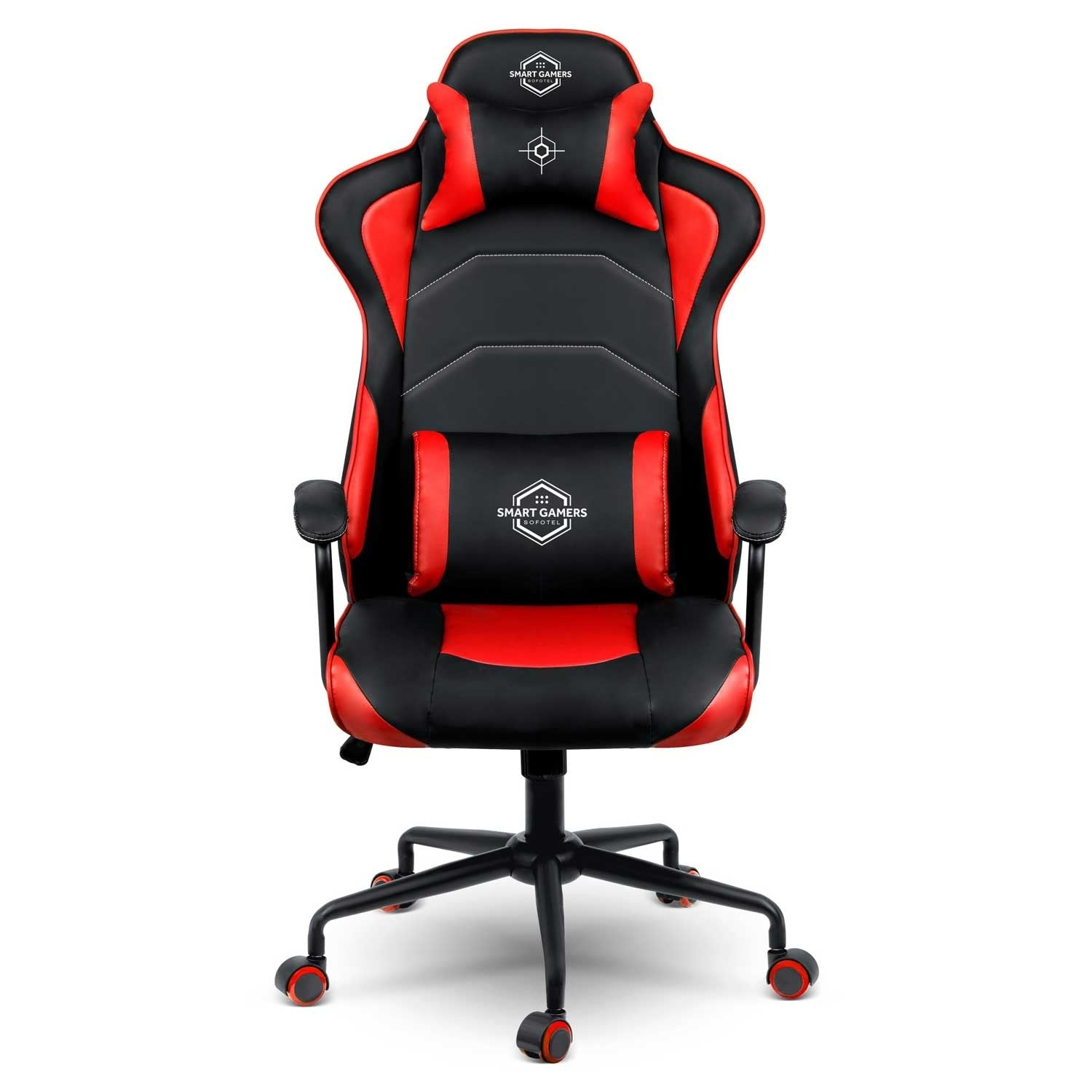 Una silla gamer con diseño negro y rojo. Tiene reposacabezas, soporte lumbar y reposabrazos. La silla tiene una base de cinco estrellas con ruedas.