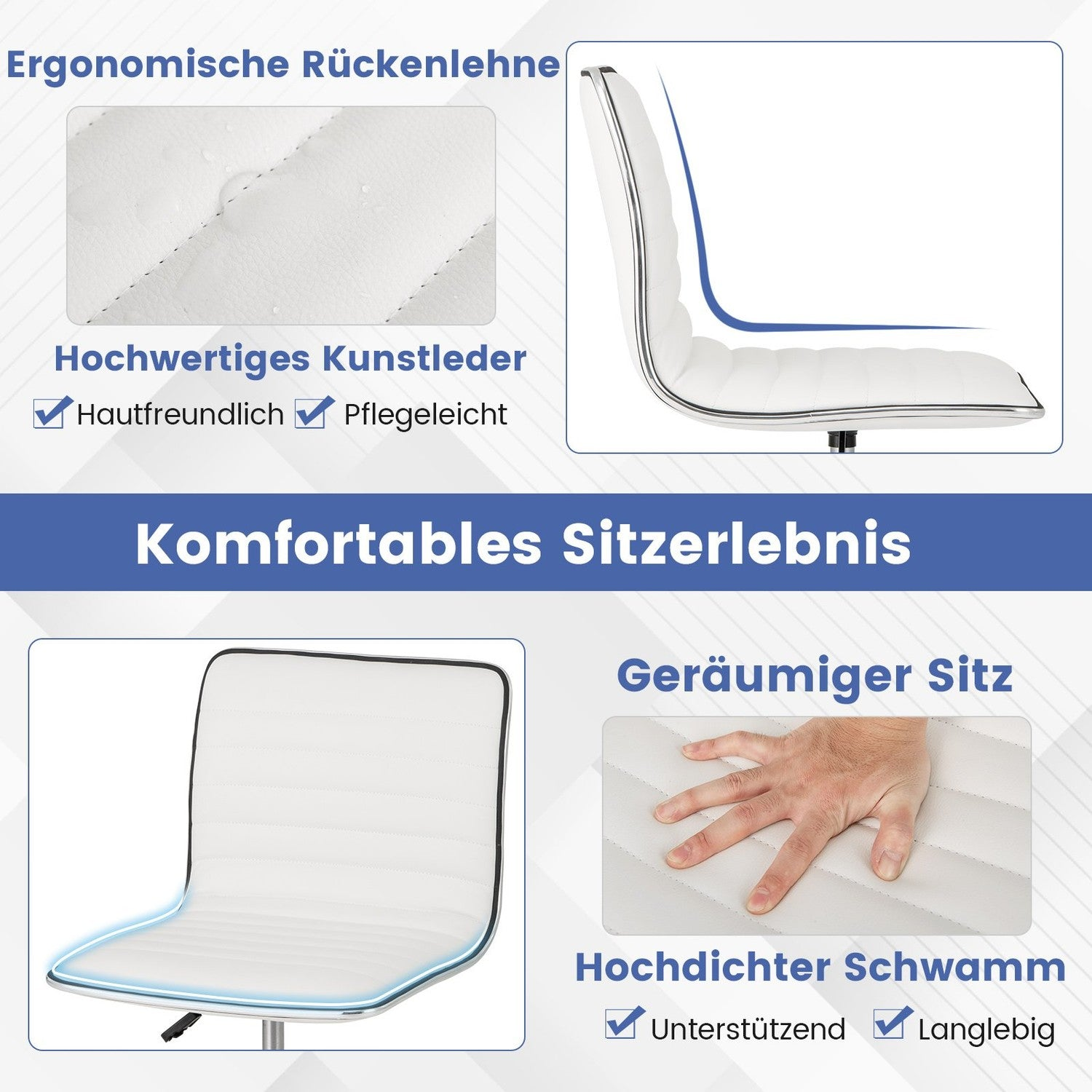 La imagen muestra detalles de una silla blanca. Destaca el respaldo ergonómico, cuero artificial de alta calidad y un asiento espacioso con espuma de alta densidad.
