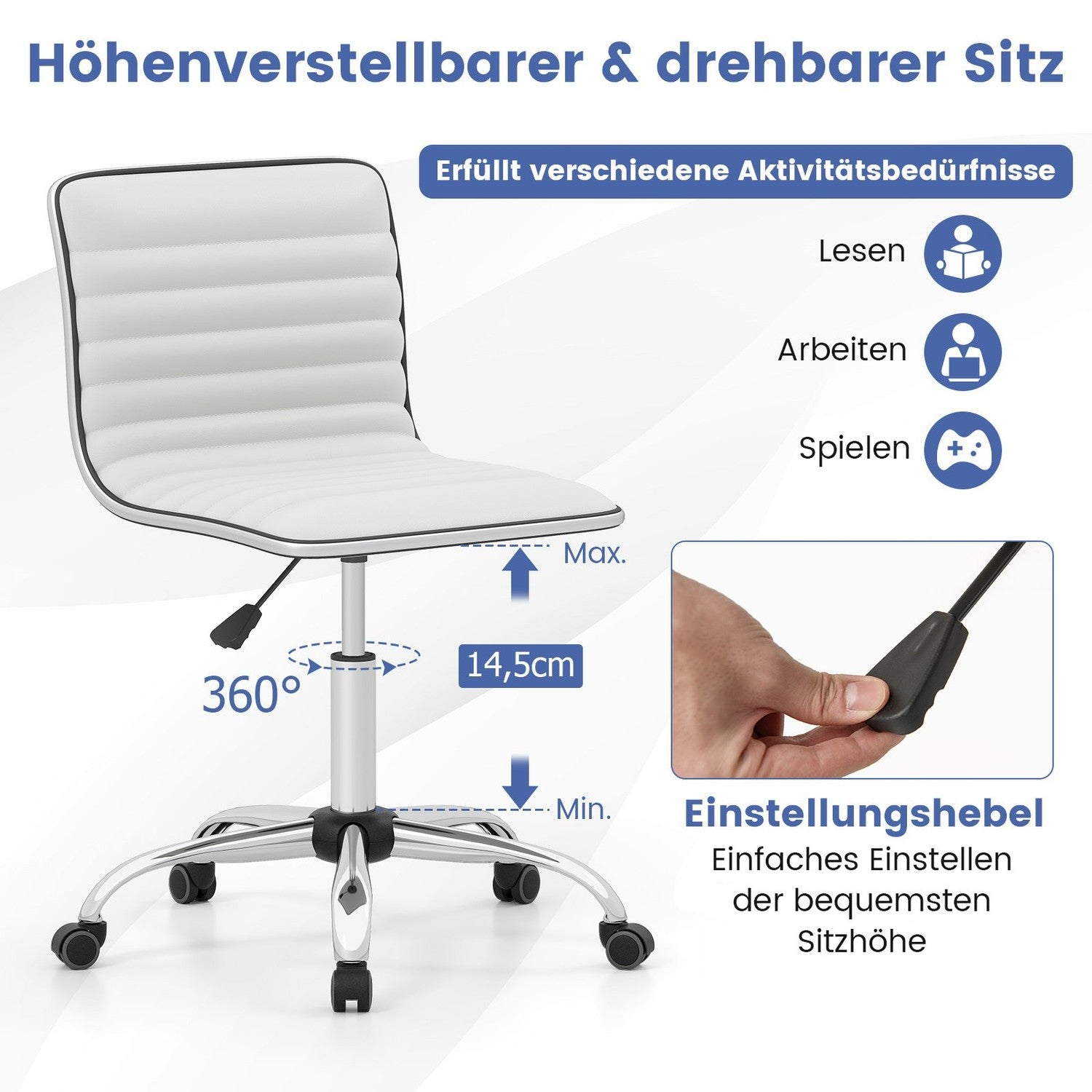Una silla de oficina con asiento blanco, base cromada y altura ajustable. El texto indica que es ajustable y apta para diversas actividades.