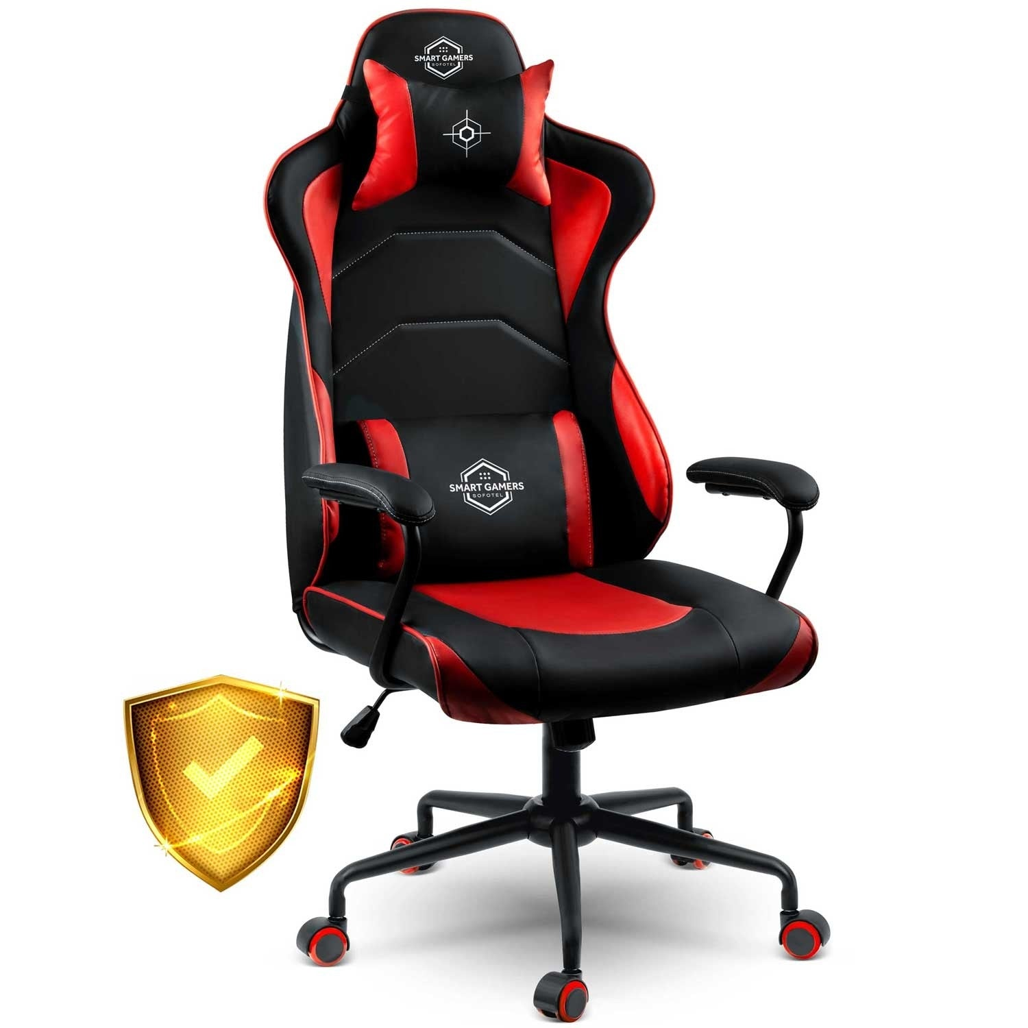 Silla gaming en negro y rojo, con un icono de escudo dorado a la izquierda. La silla tiene reposacabezas y reposabrazos.