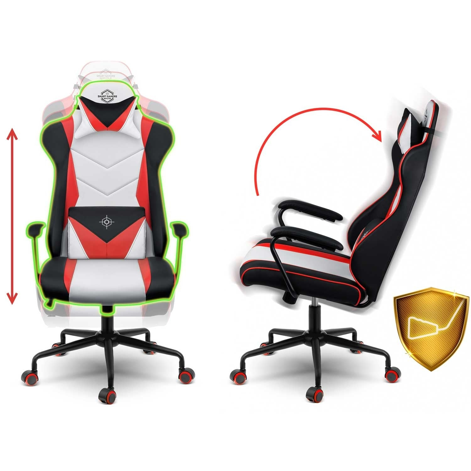 Silla gaming con detalles rojos, blancos y negros. Muestra opciones de ajuste. Un icono de escudo está a la derecha.