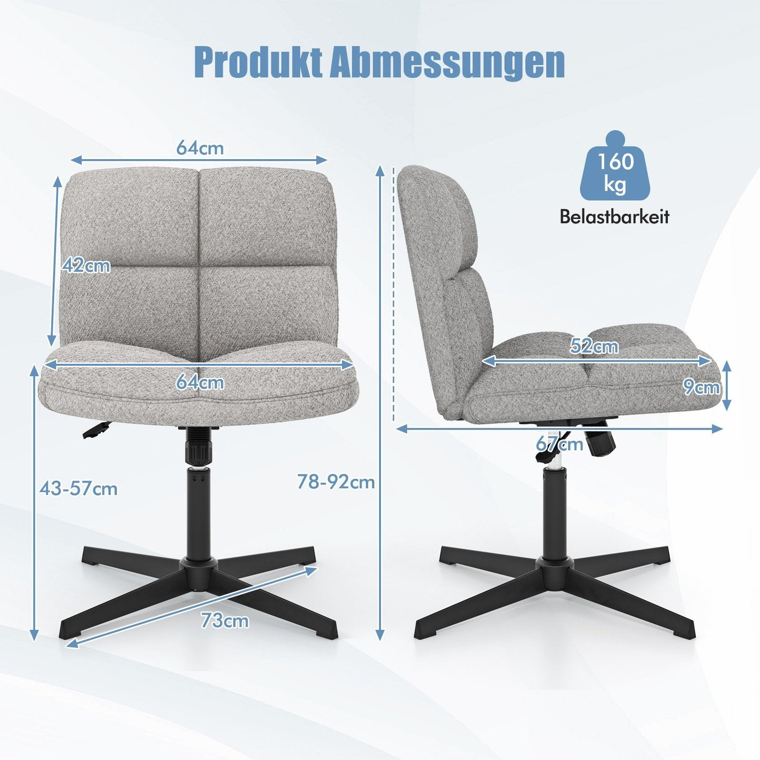 Silla de oficina gris con medidas. Tiene una base de cinco estrellas y soporta 160 kg. Se proporcionan las dimensiones.