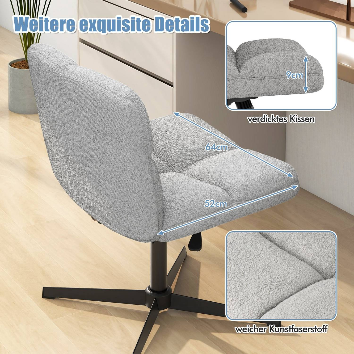 Una silla de oficina gris con asiento y respaldo texturizados. Se indican las dimensiones. La silla está sobre una base negra en el suelo de madera.