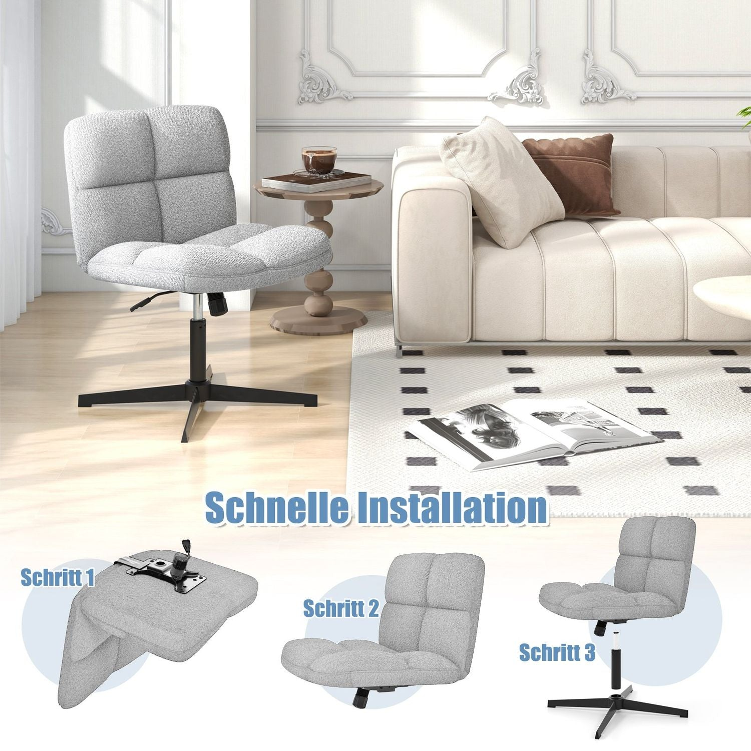 Una silla de oficina gris está en una habitación con un sofá y una mesa de café. Se muestran instrucciones para montar la silla.