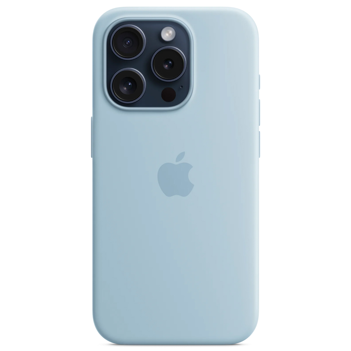 Een lichtblauwe iPhone-hoes met een drievoudige cameralens en een Apple-logo. De hoes is glad, met knoppen aan de zijkant.