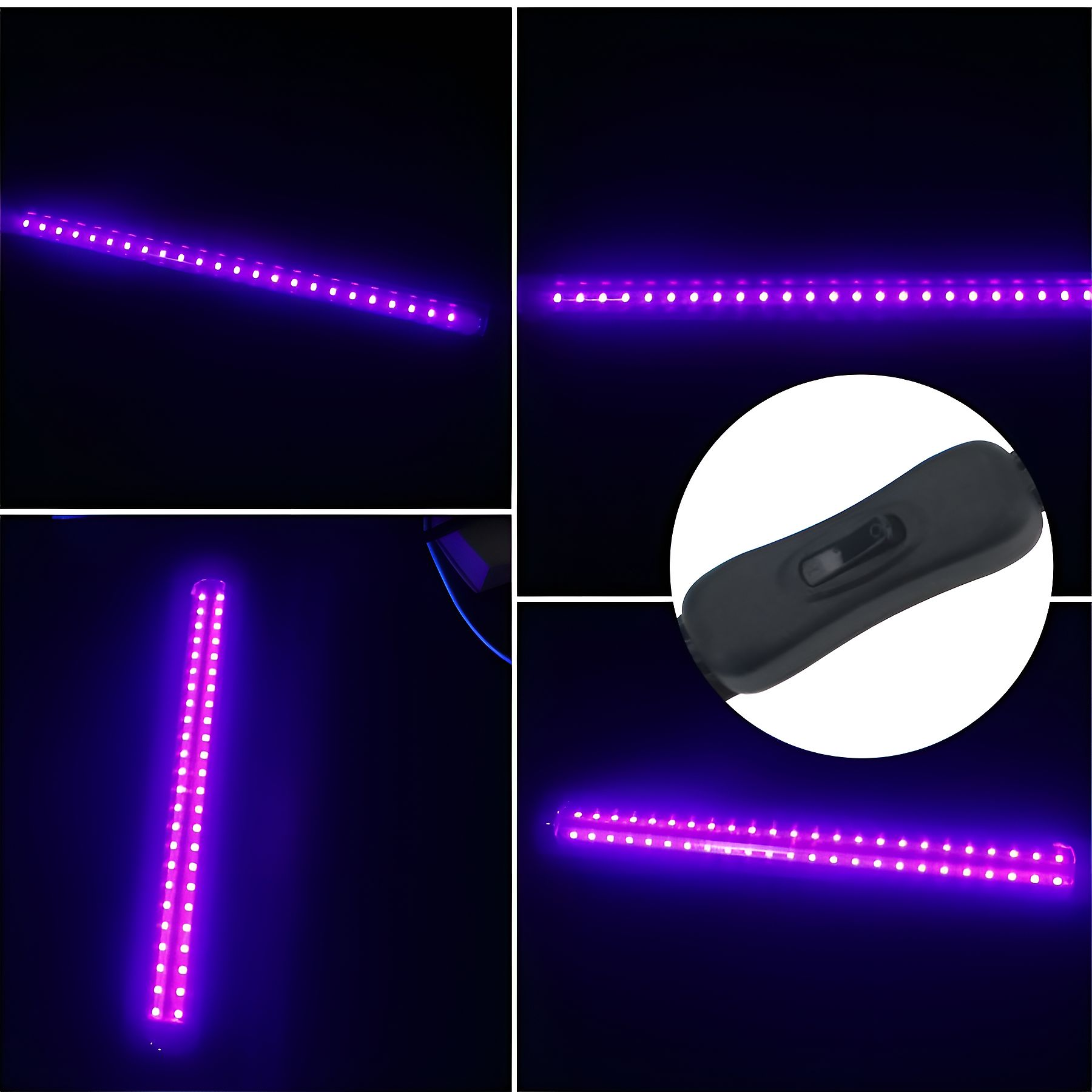 Das Bild zeigt mehrere Ansichten eines violetten LED-Streifens mit einem schwarzen Schalter auf weißem Grund.