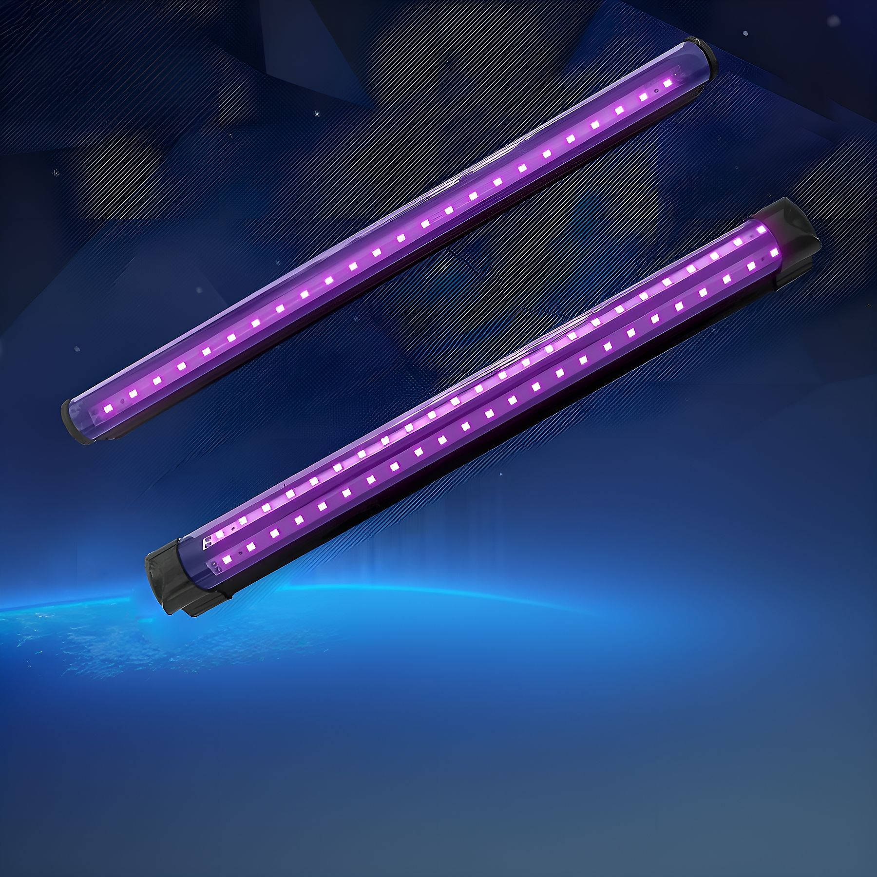 Zwei violette LED-Lichtleisten mit leuchtenden LEDs. Der Hintergrund ist blau mit abstrakten Linien und Formen.