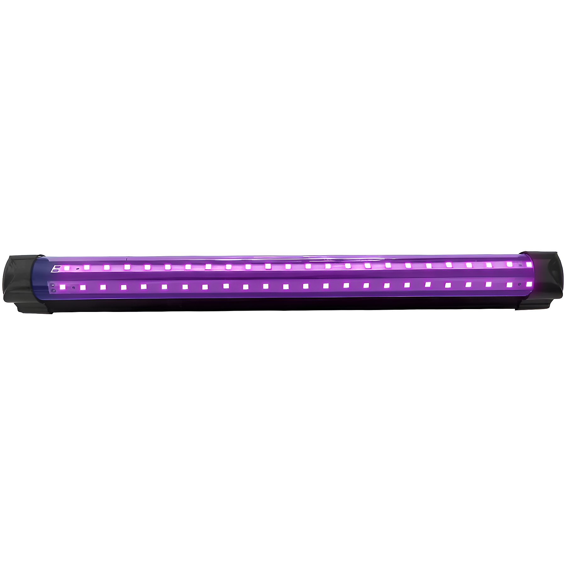 Eine lange, rechteckige, violette LED-Leuchte mit schwarzen Endkappen, vor weißem Hintergrund.