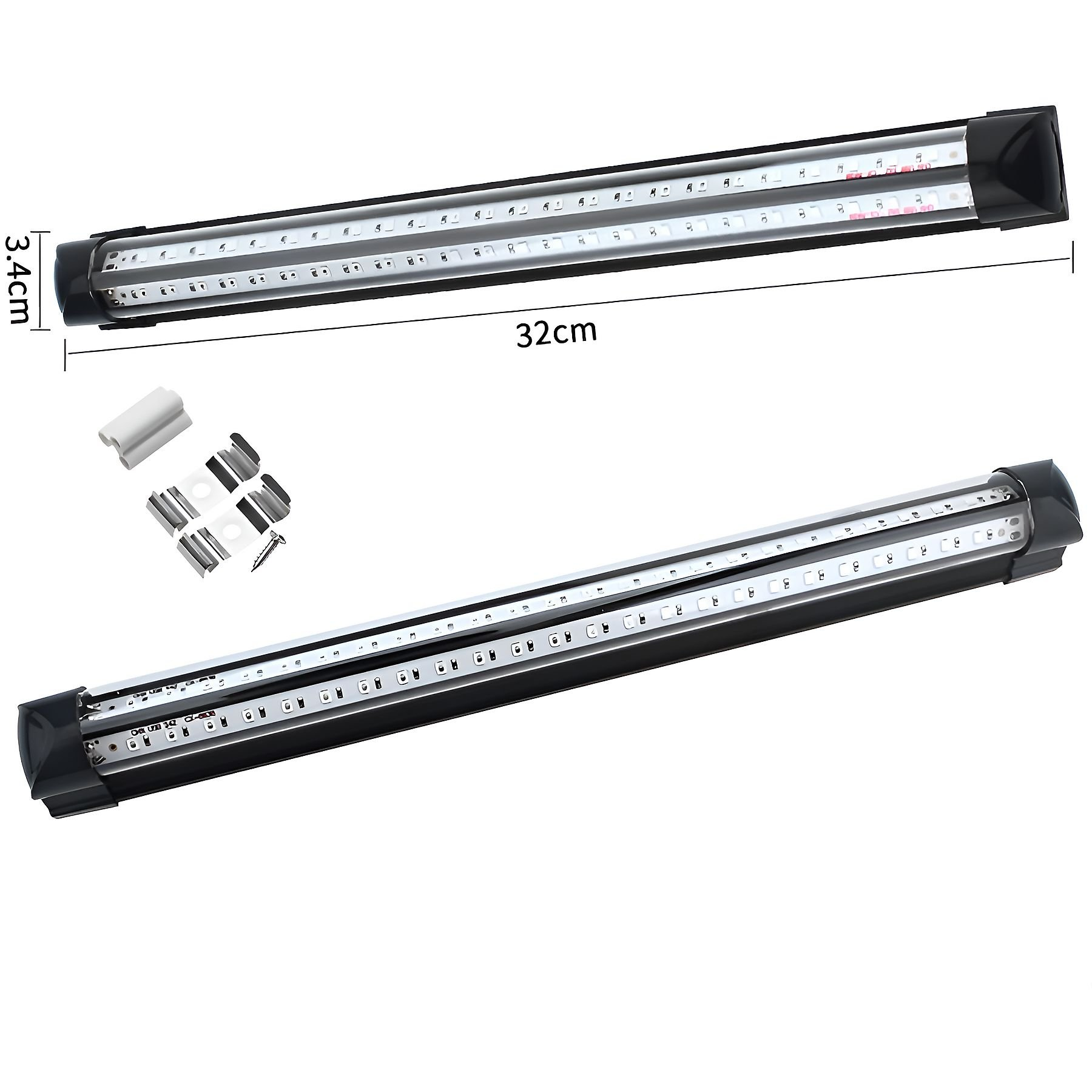 Zwei LED-Lichtleisten mit Zubehör. Jede Lichtleiste ist 32 cm lang, hat schwarze Enden und weiße LEDs. Zubehör umfasst Clips und Schrauben.