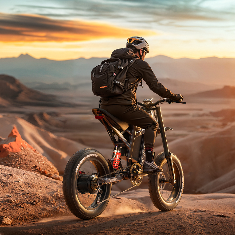 Una persona guida una e-bike in un paesaggio desertico al tramonto. La bici è nera, con sospensioni rosse. Il ciclista indossa abiti scuri e un casco.