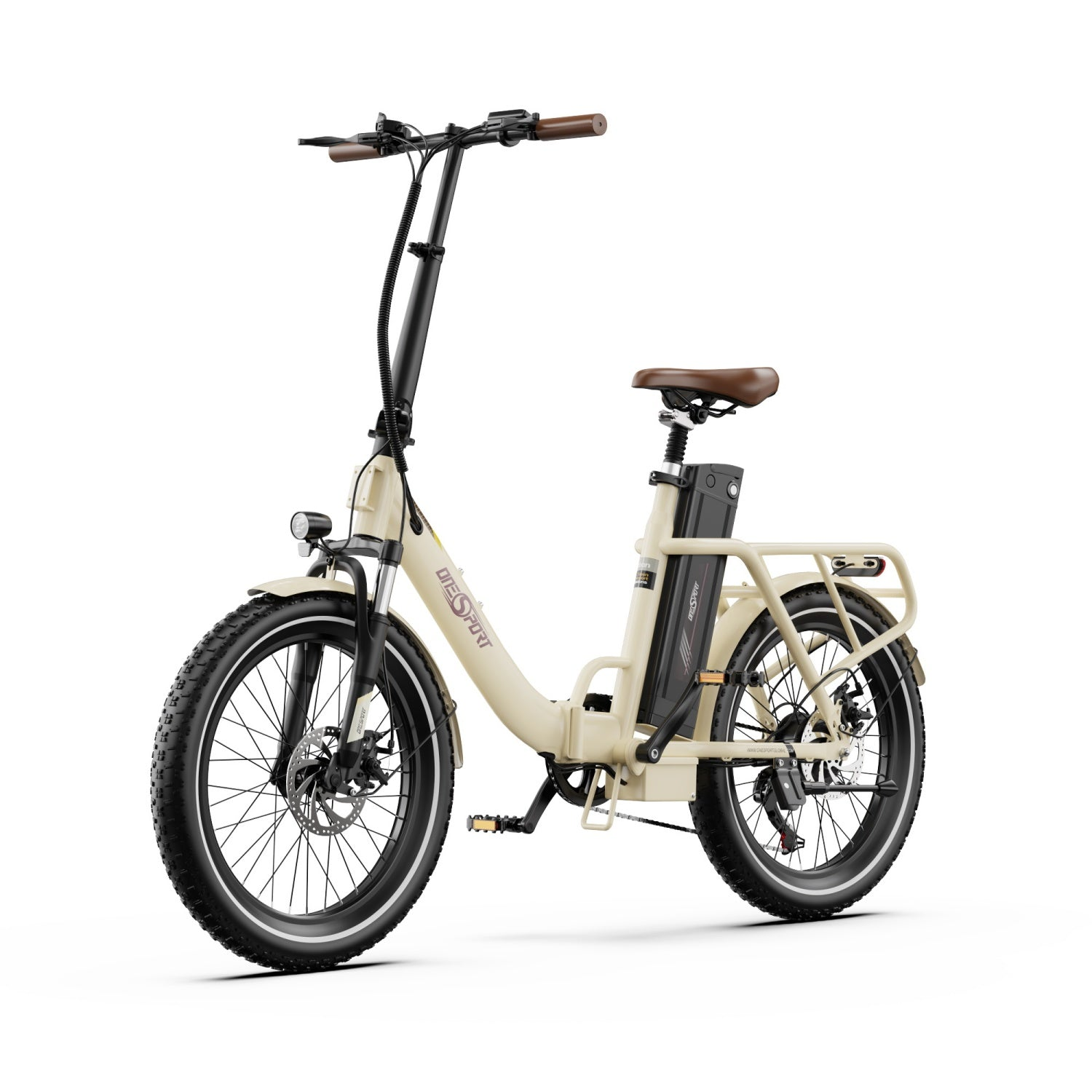 Una e-bike color crema con pneumatici neri, sella e manubrio marroni e un pacco batteria nero.
