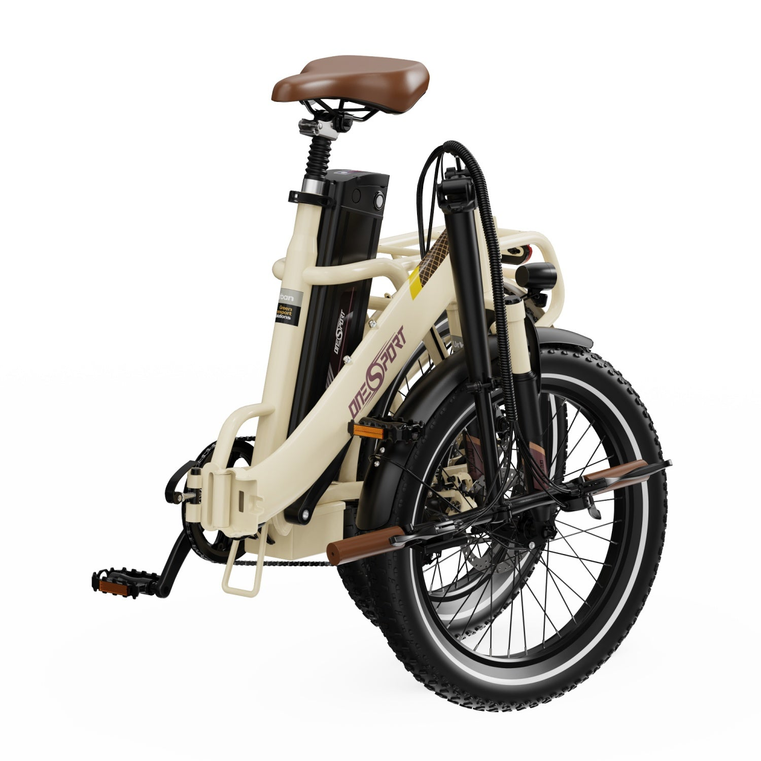 È esposta una bici elettrica pieghevole color crema. Ha pneumatici neri, sella e manubrio marroni e un pacco batteria nero.
