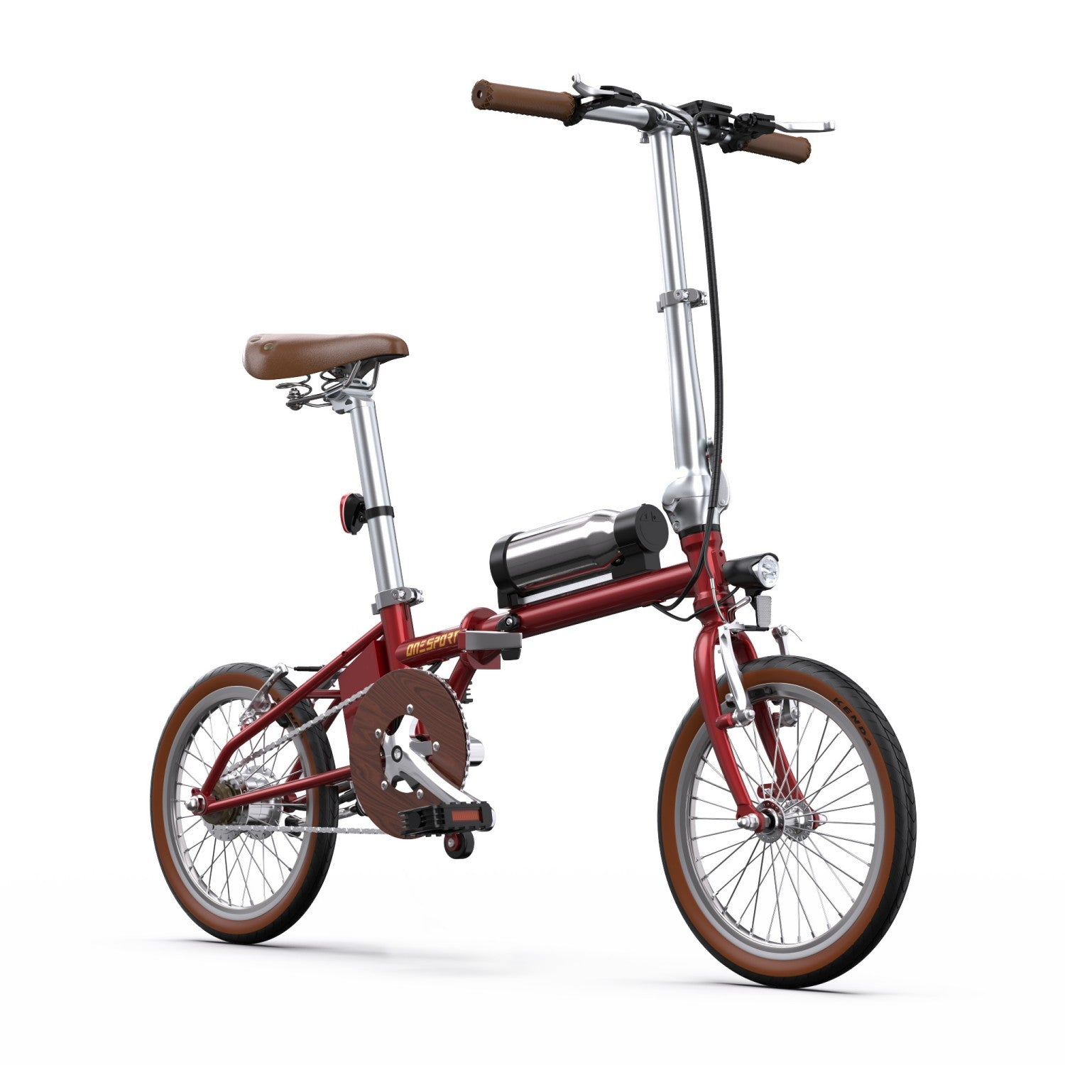 Una bicicleta plegable roja con neumáticos y manillar marrones sobre un fondo blanco. La bicicleta tiene un marco plateado y asiento marrón.