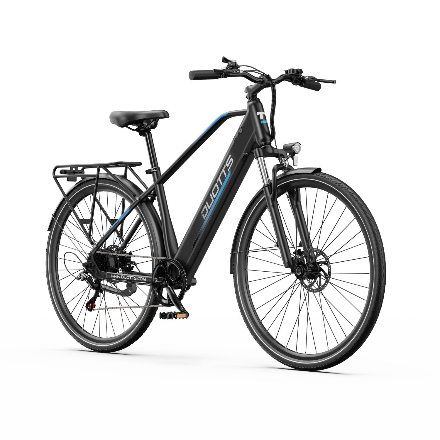 Schwarzes Elektrofahrrad mit blauen Akzenten, Schutzblechen vorne und hinten und einem Gepäckträger. DUOTTS-Logo sichtbar.