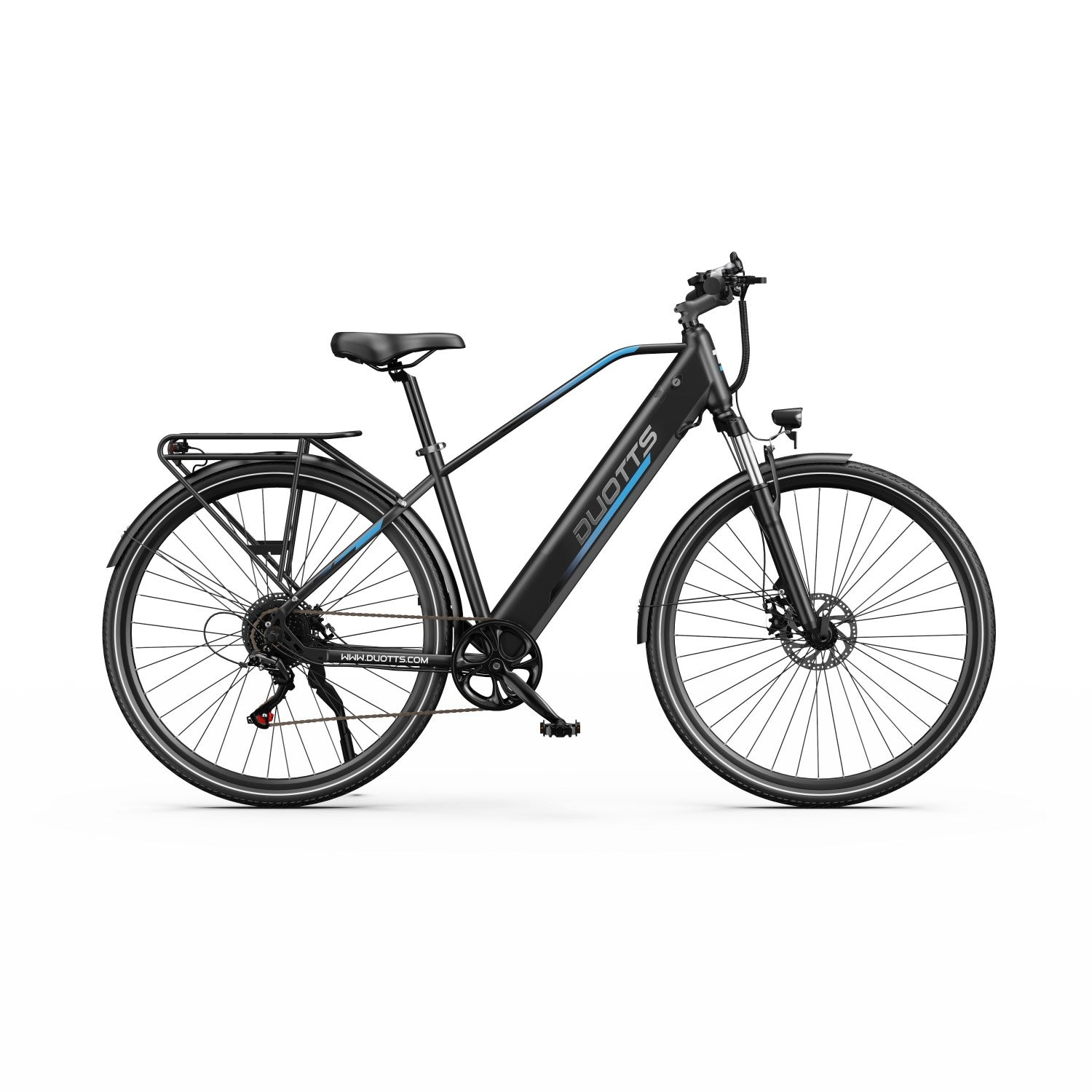 Schwarzes Elektrofahrrad auf weißem Hintergrund. Merkmale: schwarzer Rahmen, Räder und Sitz mit blauen Akzenten, Markenname DUOTTS.
