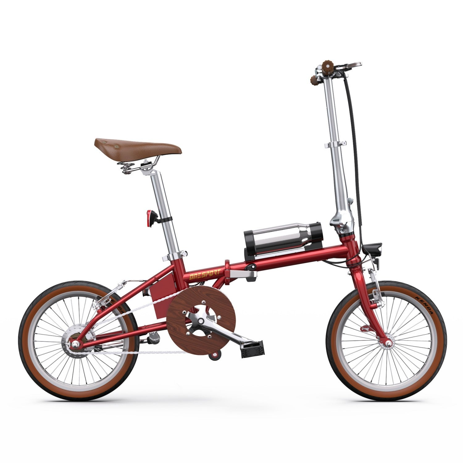 Una bicicleta plegable roja sobre un fondo blanco. Tiene neumáticos marrones, asiento marrón y detalles de madera.