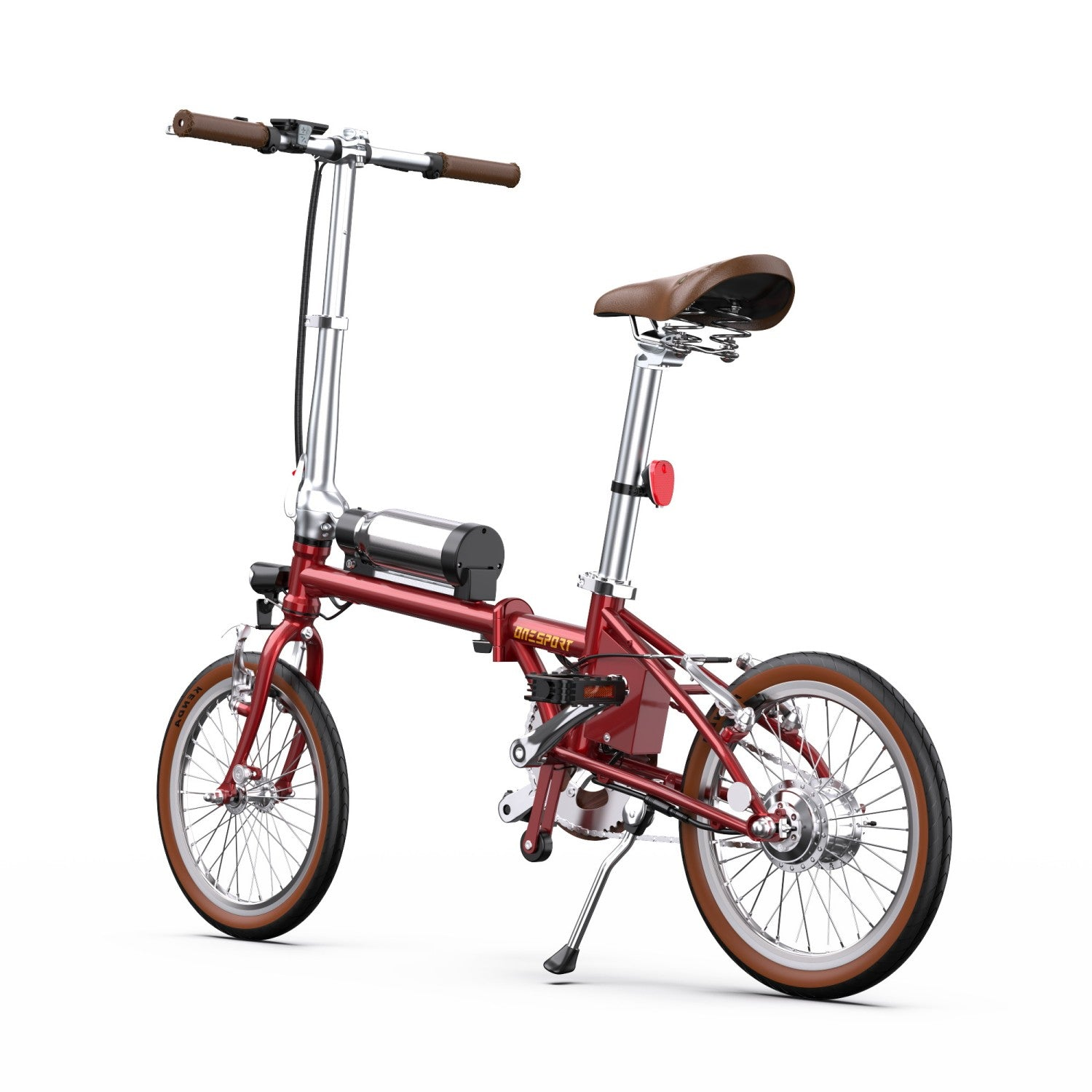 Una bicicleta eléctrica plegable roja con neumáticos, asiento y manillar marrones. Está sobre un fondo blanco.