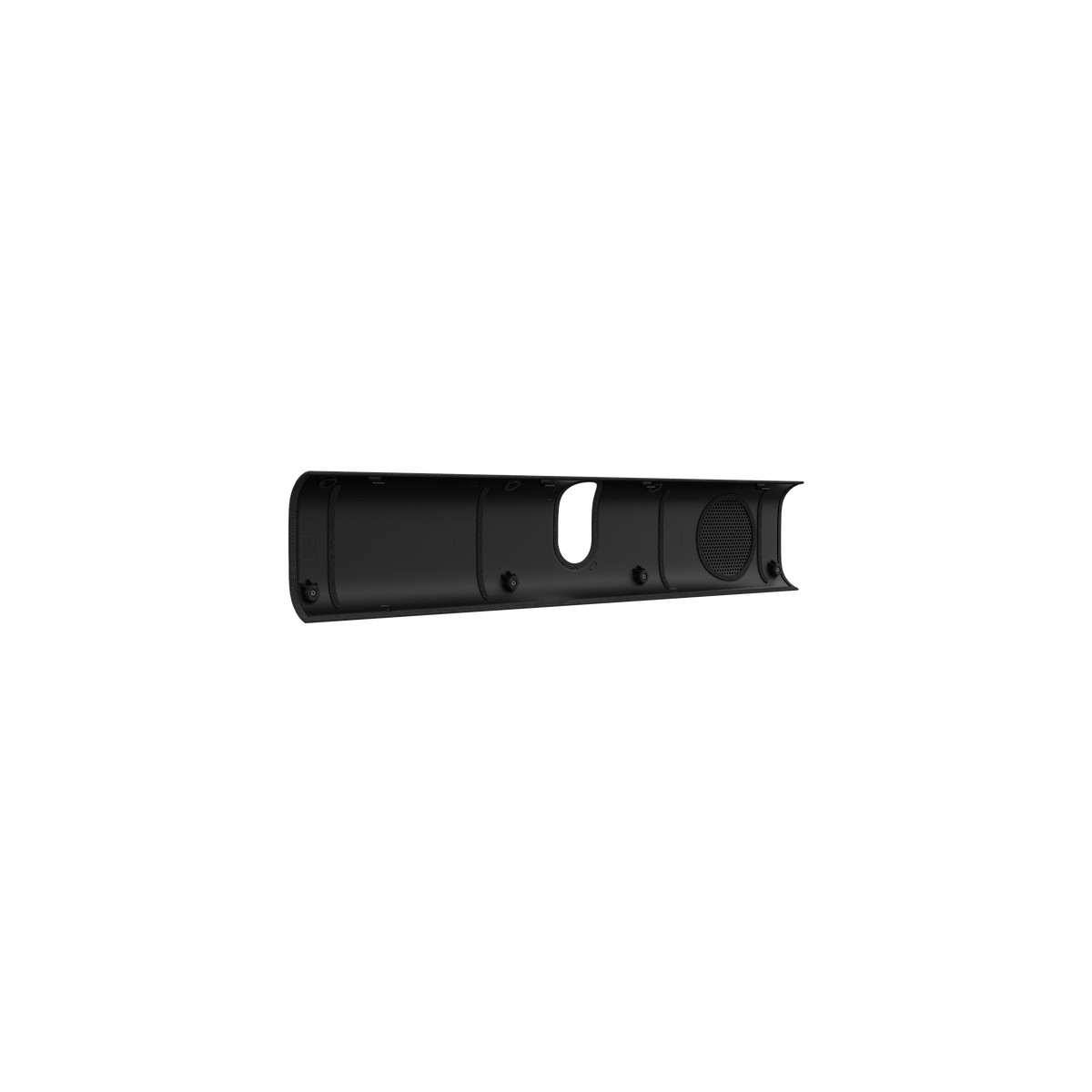 Una soundbar nera su sfondo bianco. Ha un altoparlante, fori e un ritaglio. La soundbar è posizionata orizzontalmente.