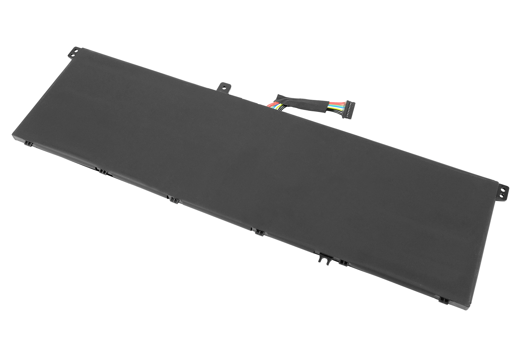 Ein rechteckiger schwarzer Laptop-Akku. Ein mehrfarbiges Kabelbündel mit Stecker ragt oben heraus.