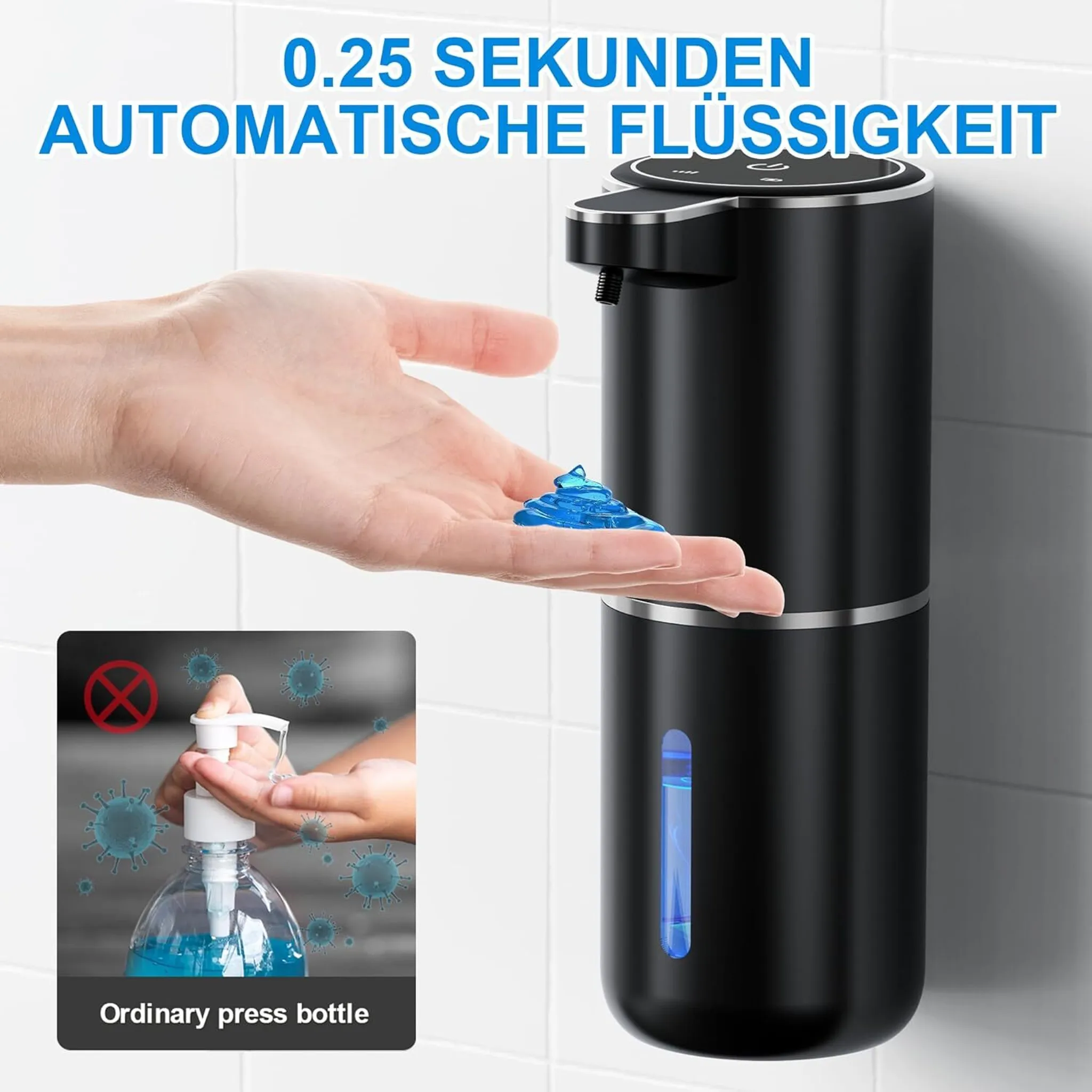Hand unter einem schwarzen automatischen Seifenspender, der blaues Gel empfängt. Eine Grafik vergleicht es mit einer gewöhnlichen Druckflasche.
