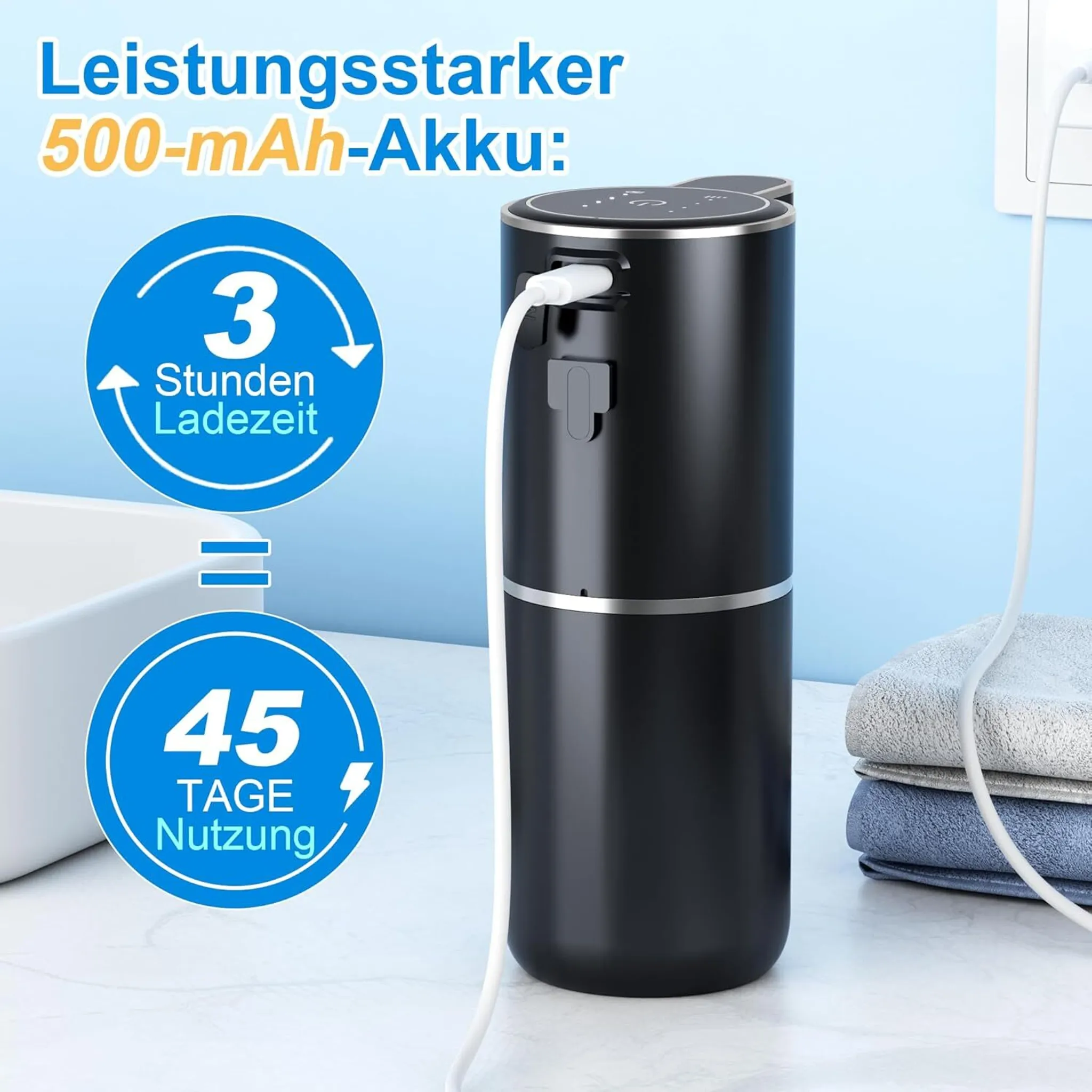 Schwarzes zylindrisches Gerät, das mit einem weißen Kabel geladen wird. Blaue Kreise zeigen 3 Stunden Aufladen und 45 Tage Nutzung.