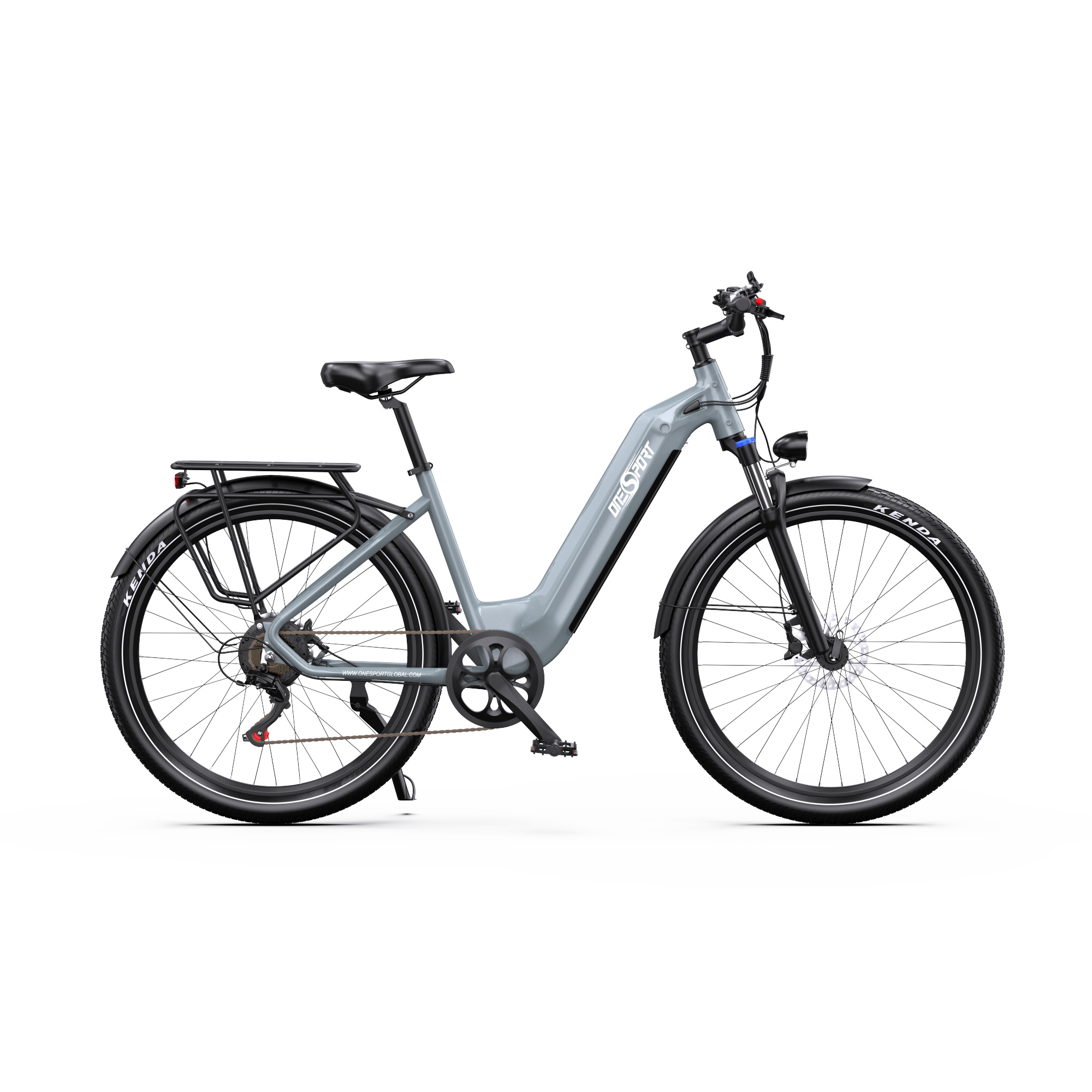 Una bicicletta elettrica grigia con pneumatici e parafanghi neri, su sfondo bianco. La bici ha il marchio ONESPORT.