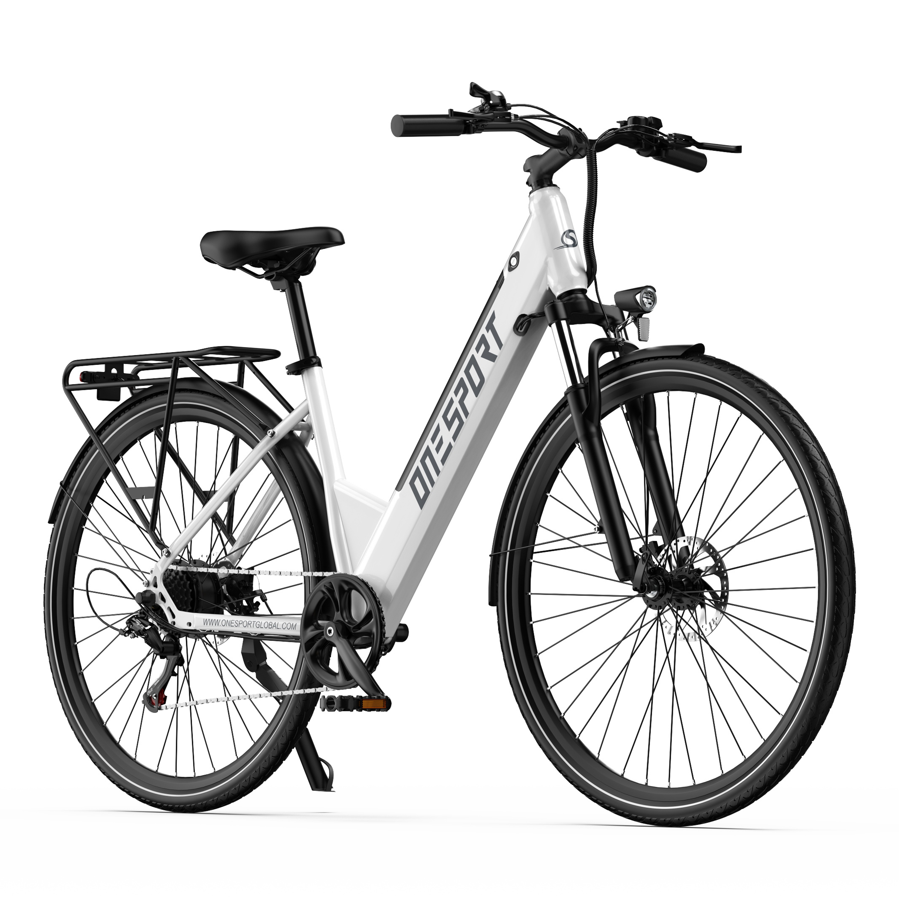Una bicicleta eléctrica blanca y negra. Tiene asiento, neumáticos y portaequipajes negros. La marca es visible en el cuadro.
