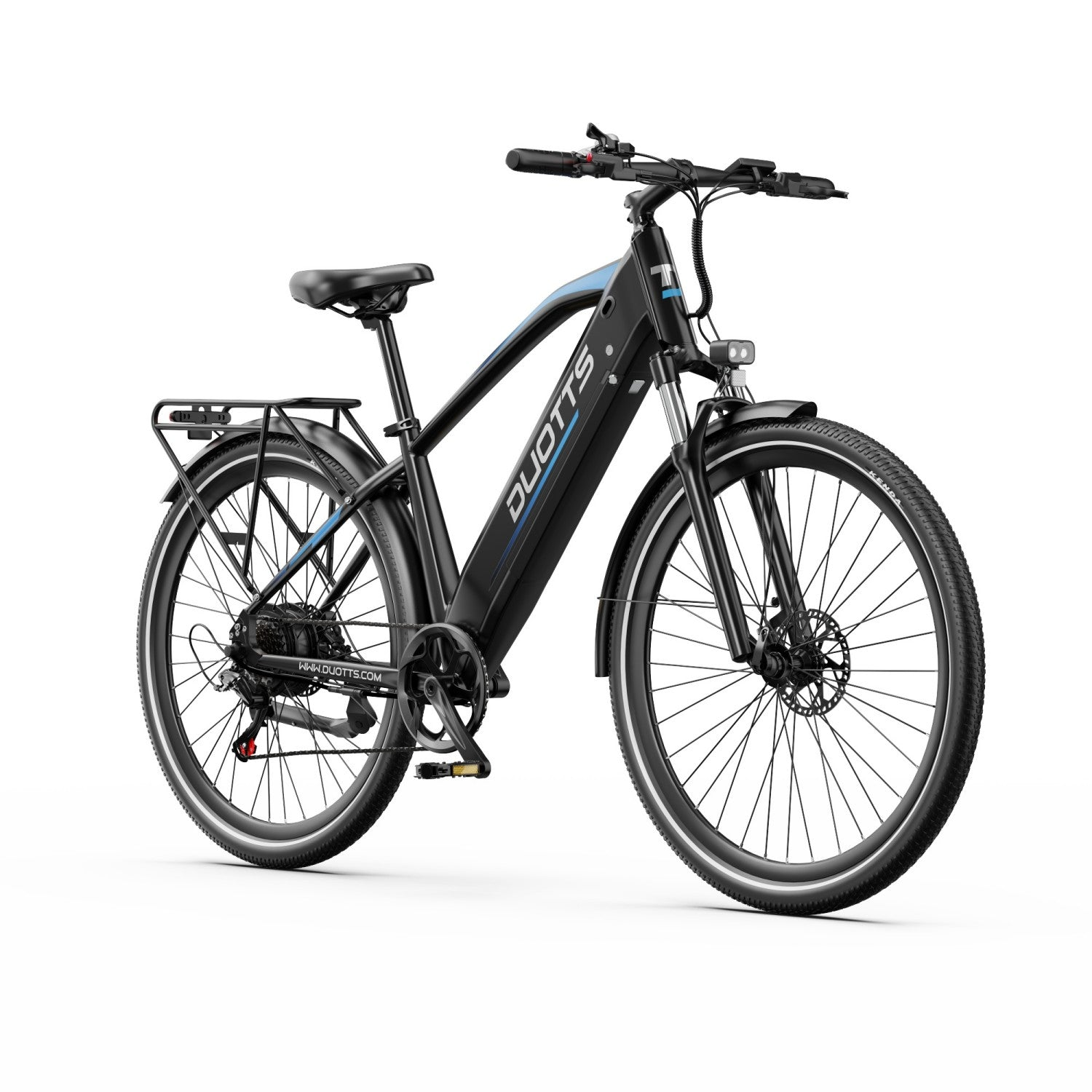 Ein schwarzes Elektrofahrrad mit blauen Akzenten auf weißem Hintergrund. Es hat einen Sitz, einen Lenker, Räder und einen Gepäckträger.
