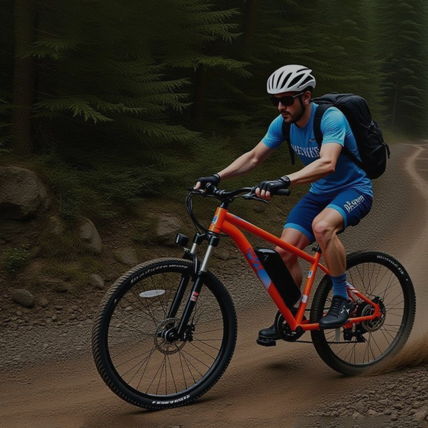 Un hombre monta en bicicleta de montaña naranja en un camino de tierra en un bosque. Lleva casco, gafas de sol, camisa azul, pantalones cortos y mochila.