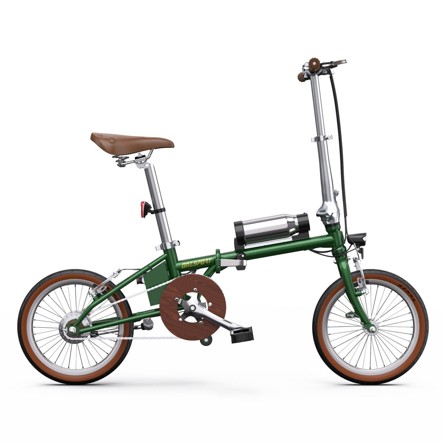 Una bicicleta plegable verde con neumáticos, asiento y puños marrones. Tiene un protector de cadena de madera y una botella de agua.