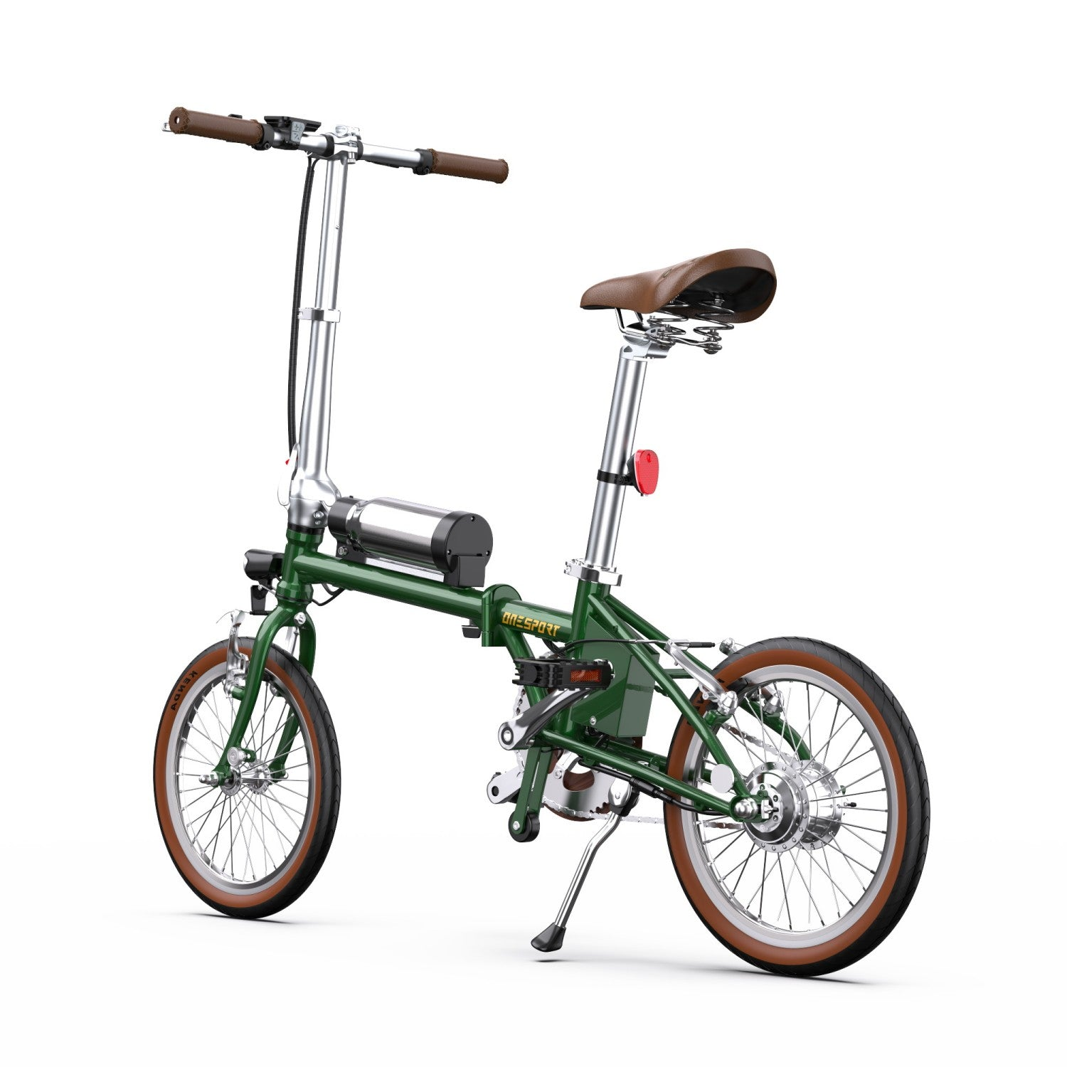 Una bicicleta eléctrica plegable verde sobre fondo blanco. Tiene neumáticos, asiento y empuñaduras marrones.
