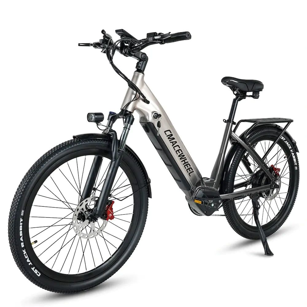 Bicicletta elettrica argento e nera. Ha pneumatici grandi, un faro e un portapacchi.