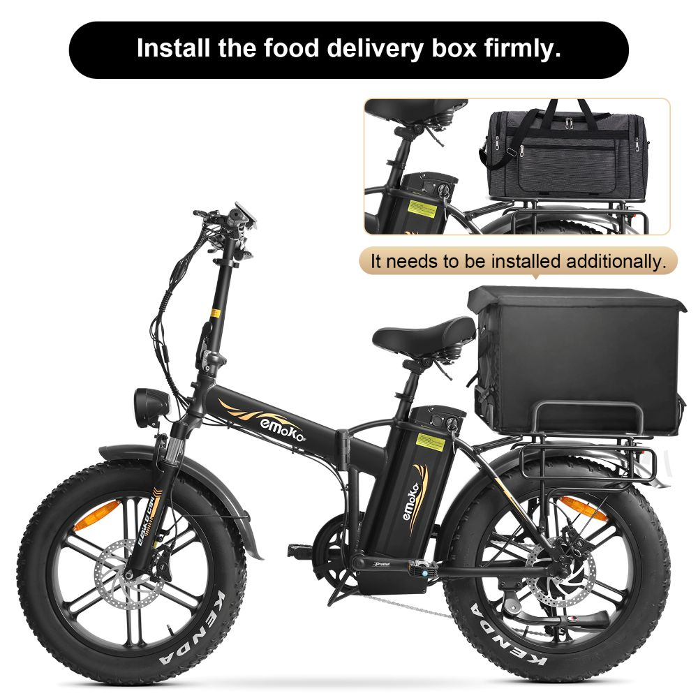 Bicicletta elettrica nera con box per consegne. Testo: 'Installare saldamente il box per la consegna.' e 'Deve essere installato in aggiunta.'