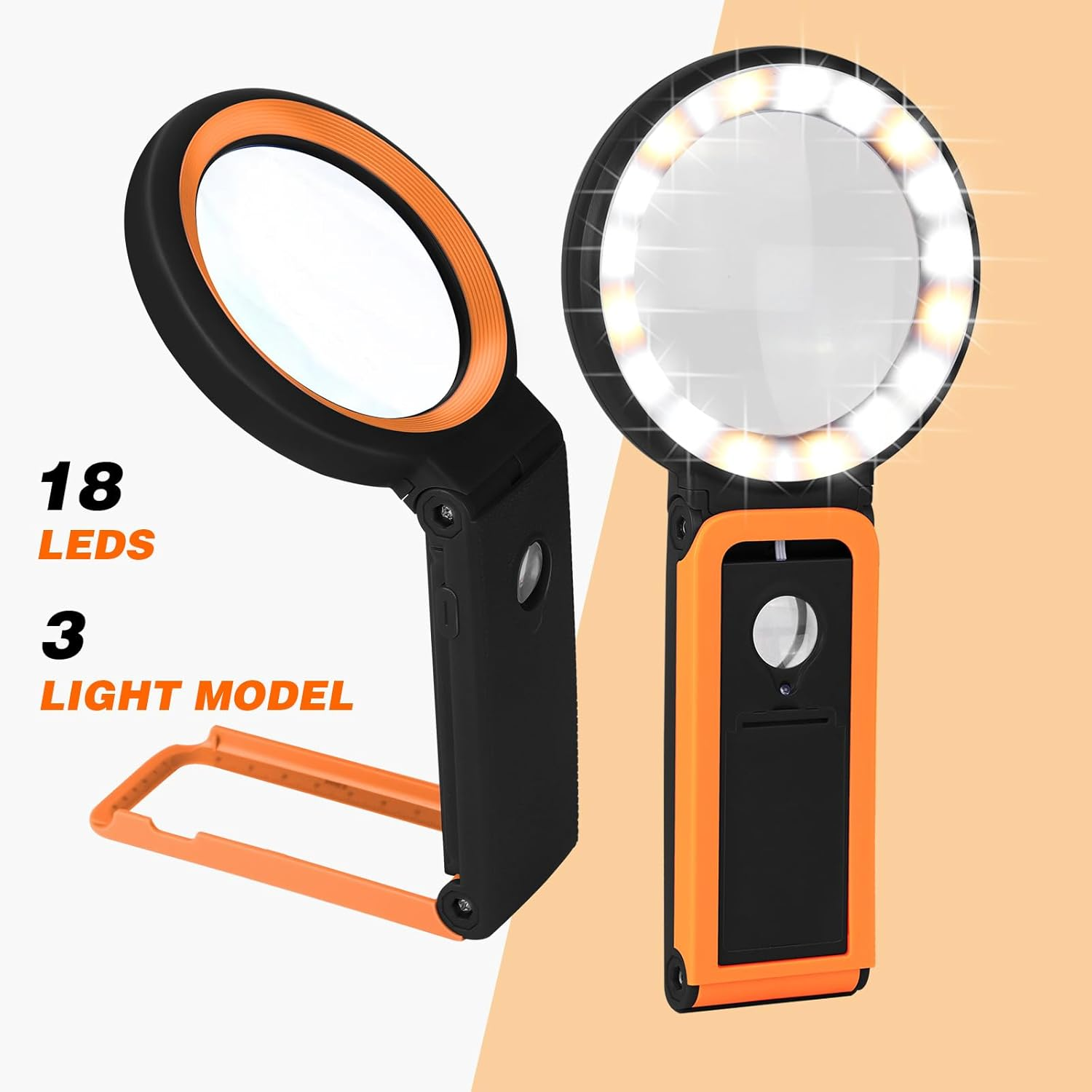Zwei schwarz-orangefarbene Lupen mit LED-Leuchten. Eine ist zusammengeklappt, die andere offen. Text: 18 LEDs, 3 Lichtmodell.
