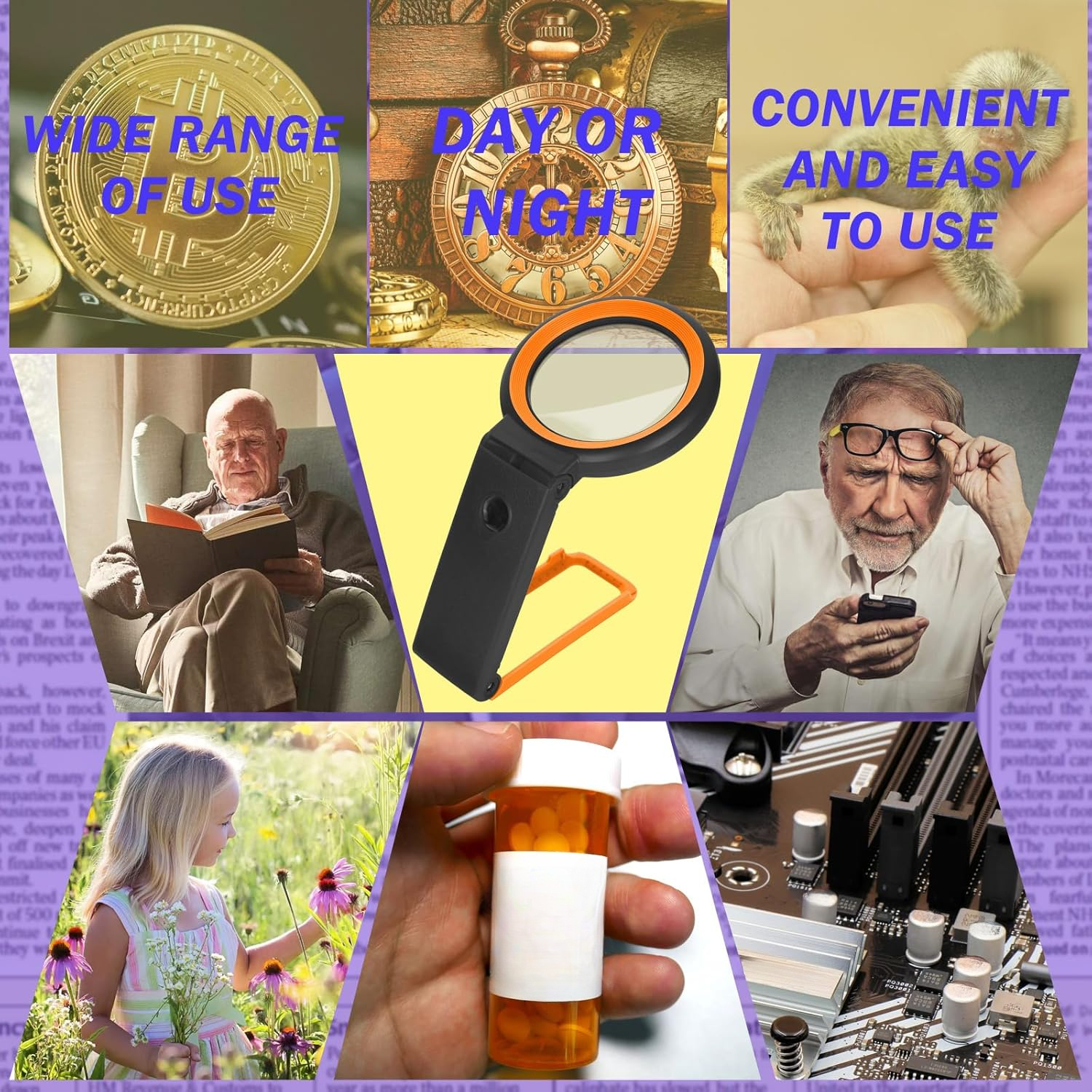 Collage mit Bitcoin, Uhr, Baby-Tier, Menschen lesen, Lupe, Pillen, Computer-Schaltung.