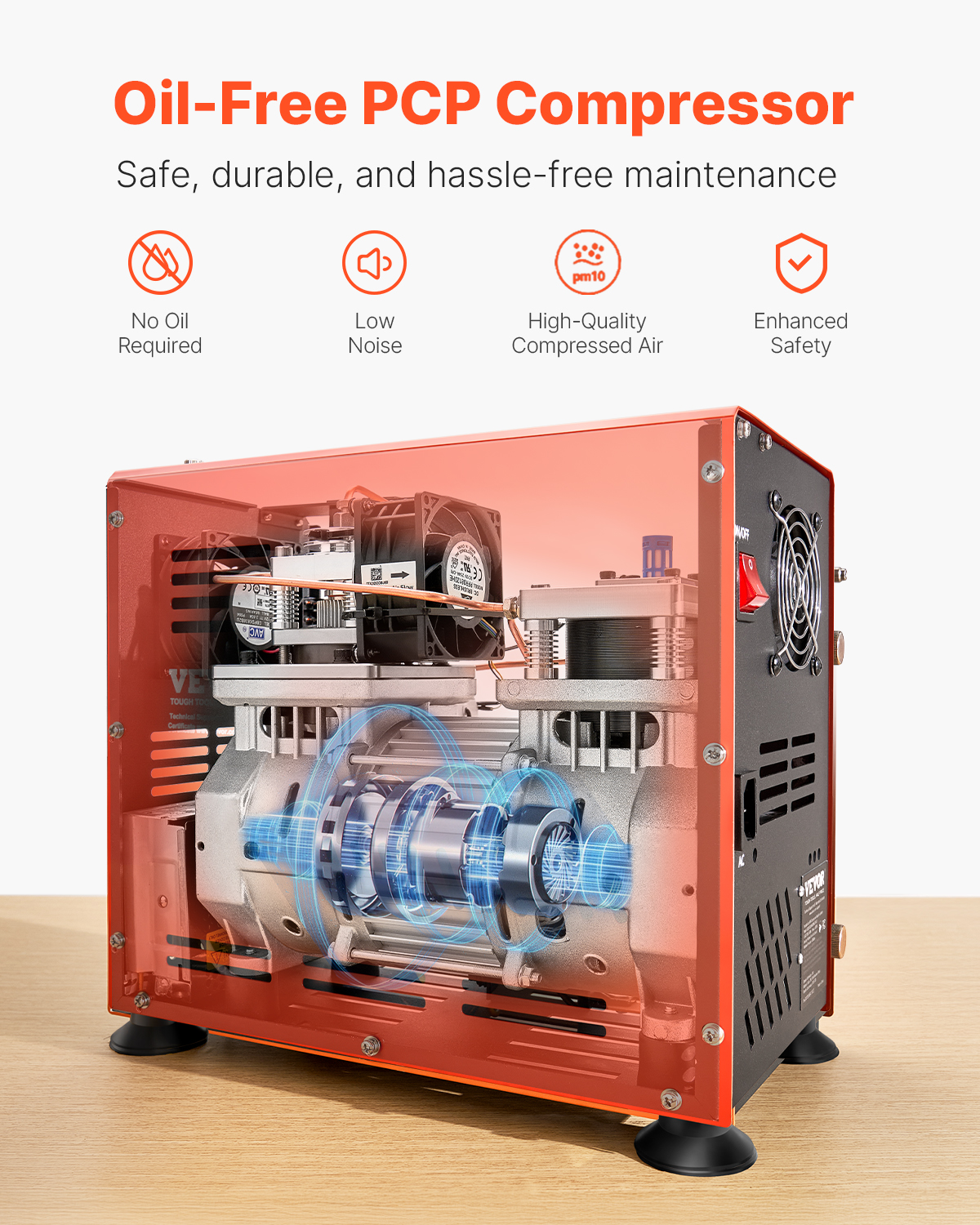Ein orangefarbener ölfreier PCP-Kompressor mit sichtbaren internen Komponenten, der auf einer Holzoberfläche steht. Er hat Sicherheits- und Qualitätsmerkmale.