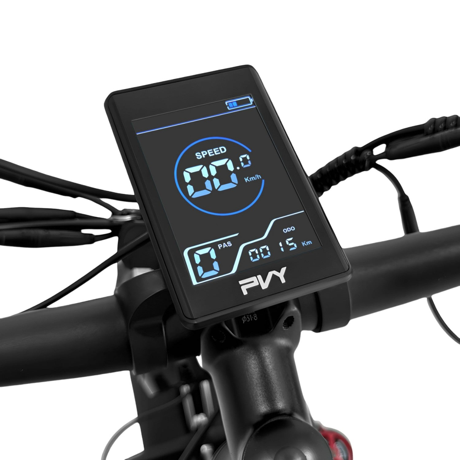 Nahaufnahme eines E-Bike-Displays, das die Geschwindigkeit als 00,0 km/h, PAS, ODO mit 15 km, Akkuladestand und das PVY-Markenlogo anzeigt.