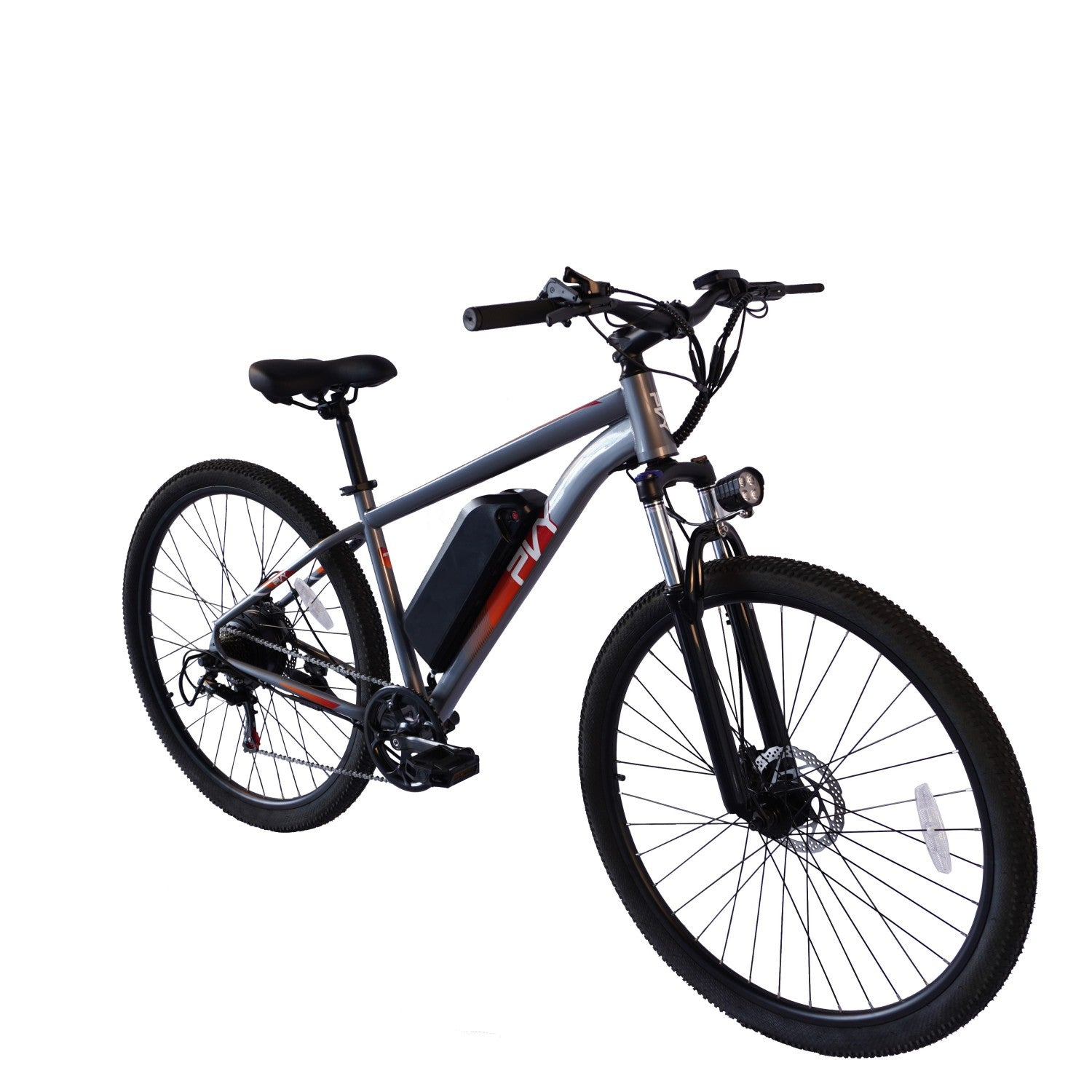 Una bicicleta eléctrica contra un fondo blanco. Tiene cuadro, neumáticos y asiento negros. La batería es negra con texto rojo.