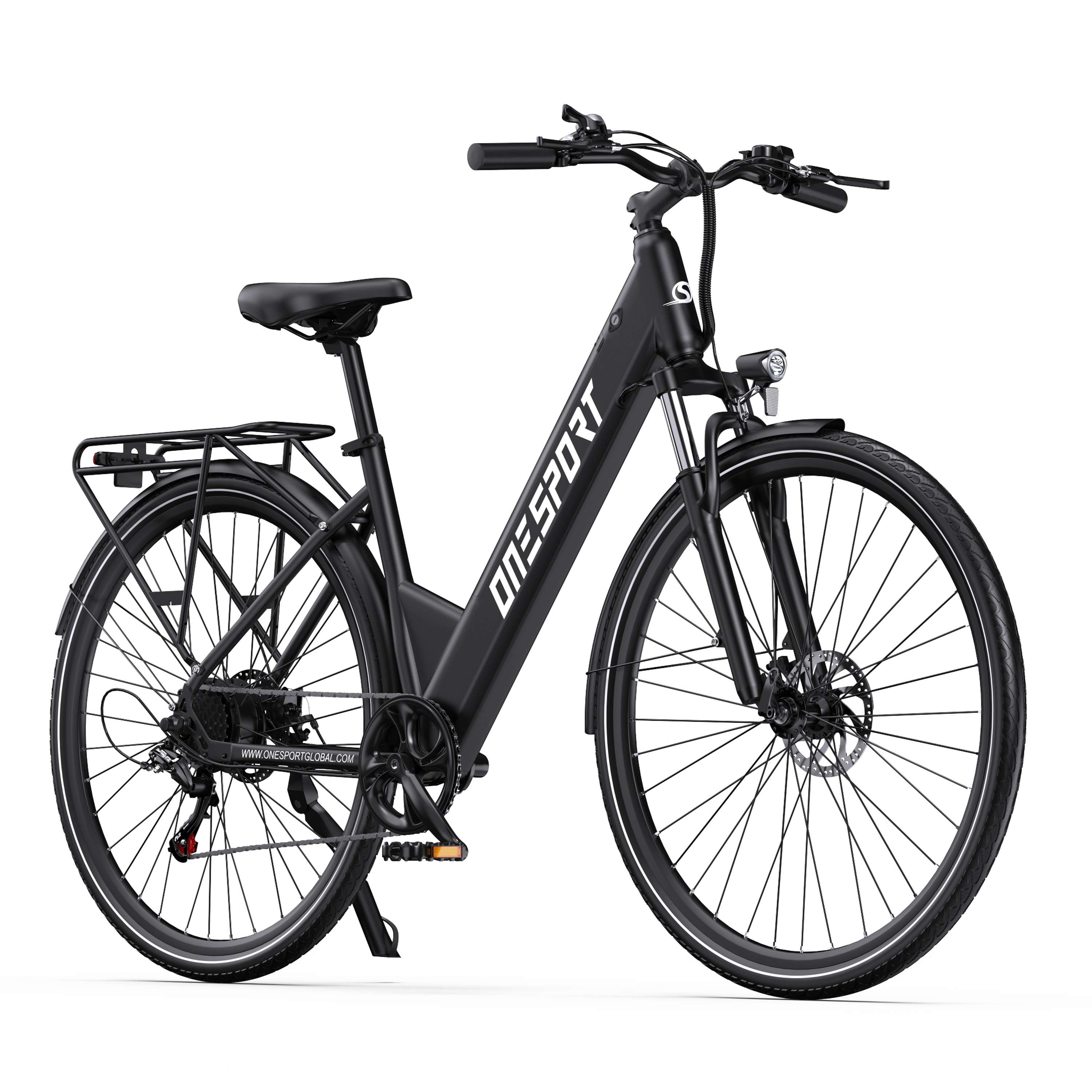 Una bici elettrica nera su sfondo bianco. Ha pneumatici grandi, un portapacchi e il marchio 'ONESPORT' sul telaio.