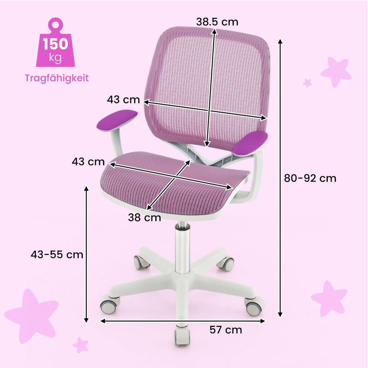 Silla de oficina ergonómica morada y blanca con dimensiones. Peso máximo 150 kg.
